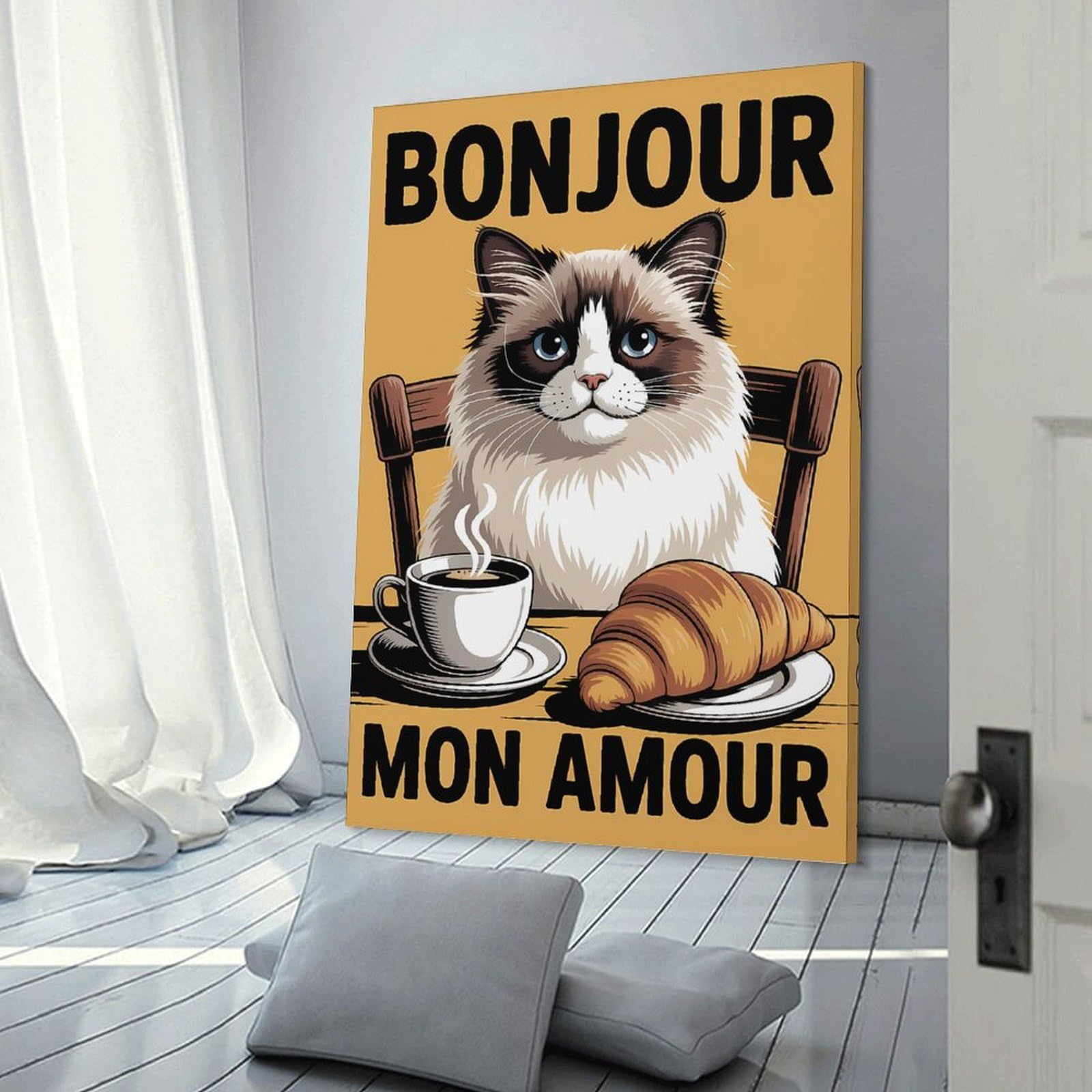 Junmoney Bonjour Mon Amour Cat with Coffee And Croissant Wall Art Print, 24x36inch(60x90cm), for Workspace Walls, Study Corners Or Bedrooms, A Smart Decor Choice for Study Walls