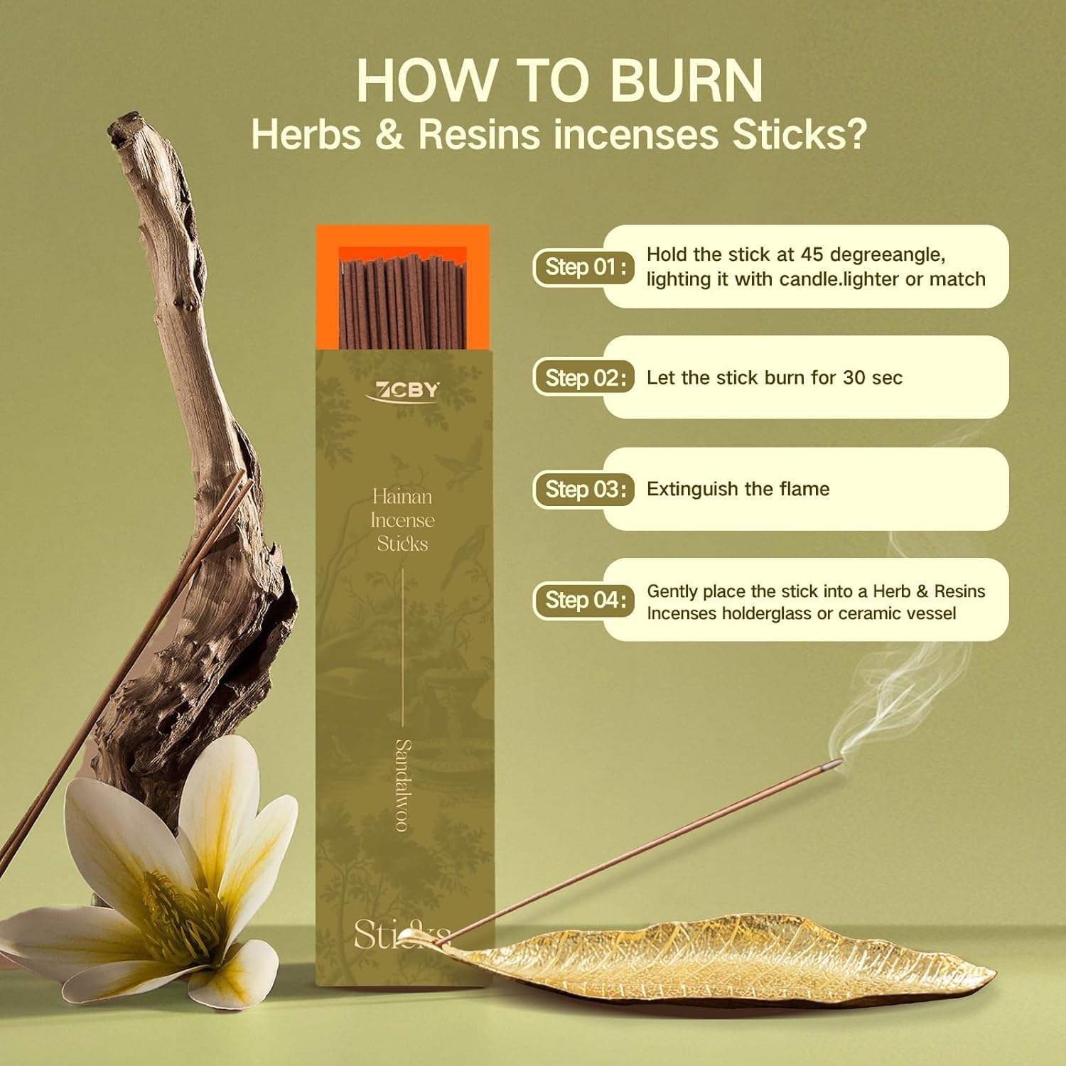 Sandalwood Incense Sticks Gift Set - 90 Natural Long Burning Sticks with Coconut Milk Aroma & Bronze Leaf Holder in Gift Box - Aromatherapy, Meditation, Yoga, Relaxation & Spiritual Rituals