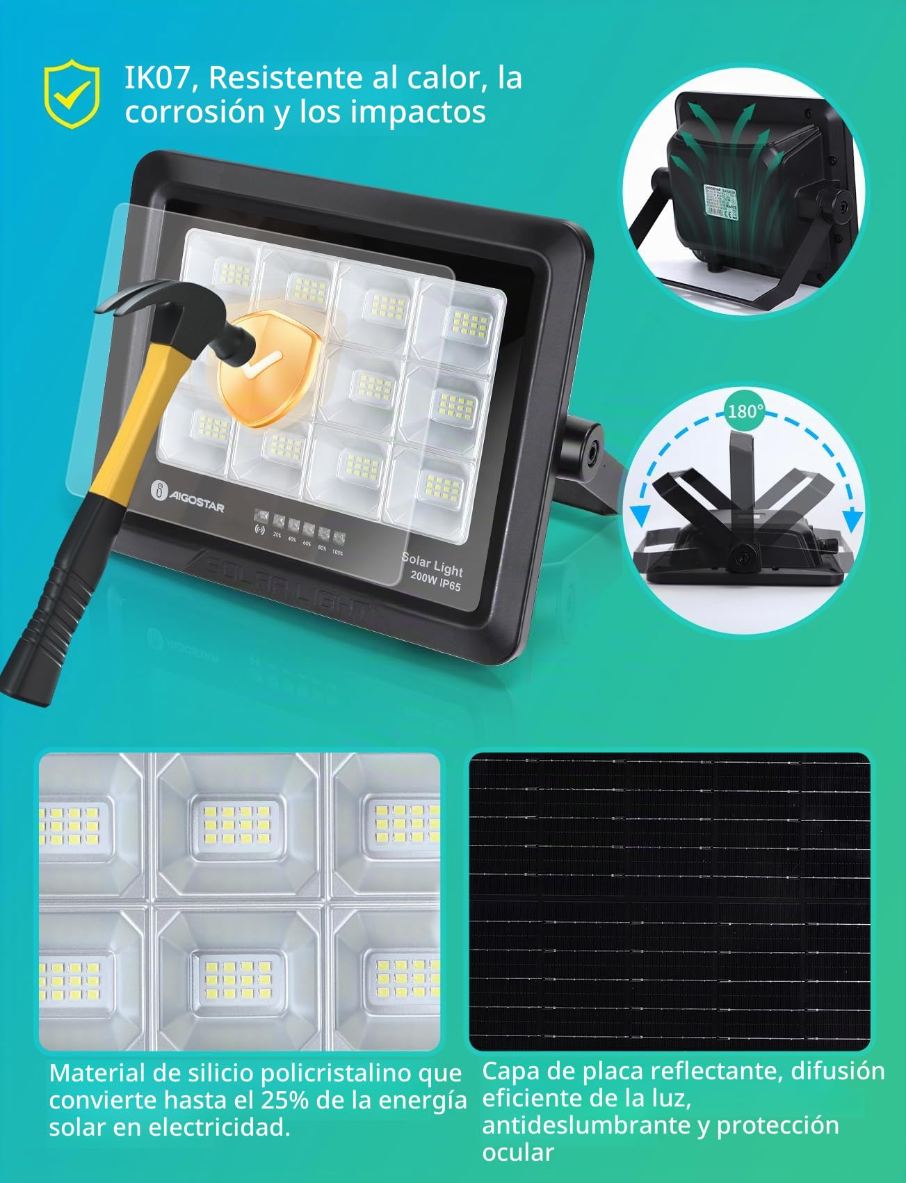 Aigostar Foco Proyector LED Solar con mando a distancia 200w, 6500K.4 pcs | Foco Solar Exterior Impermeable IP65,con Brillo y Sincronización ajustables para Jardín,Garaje