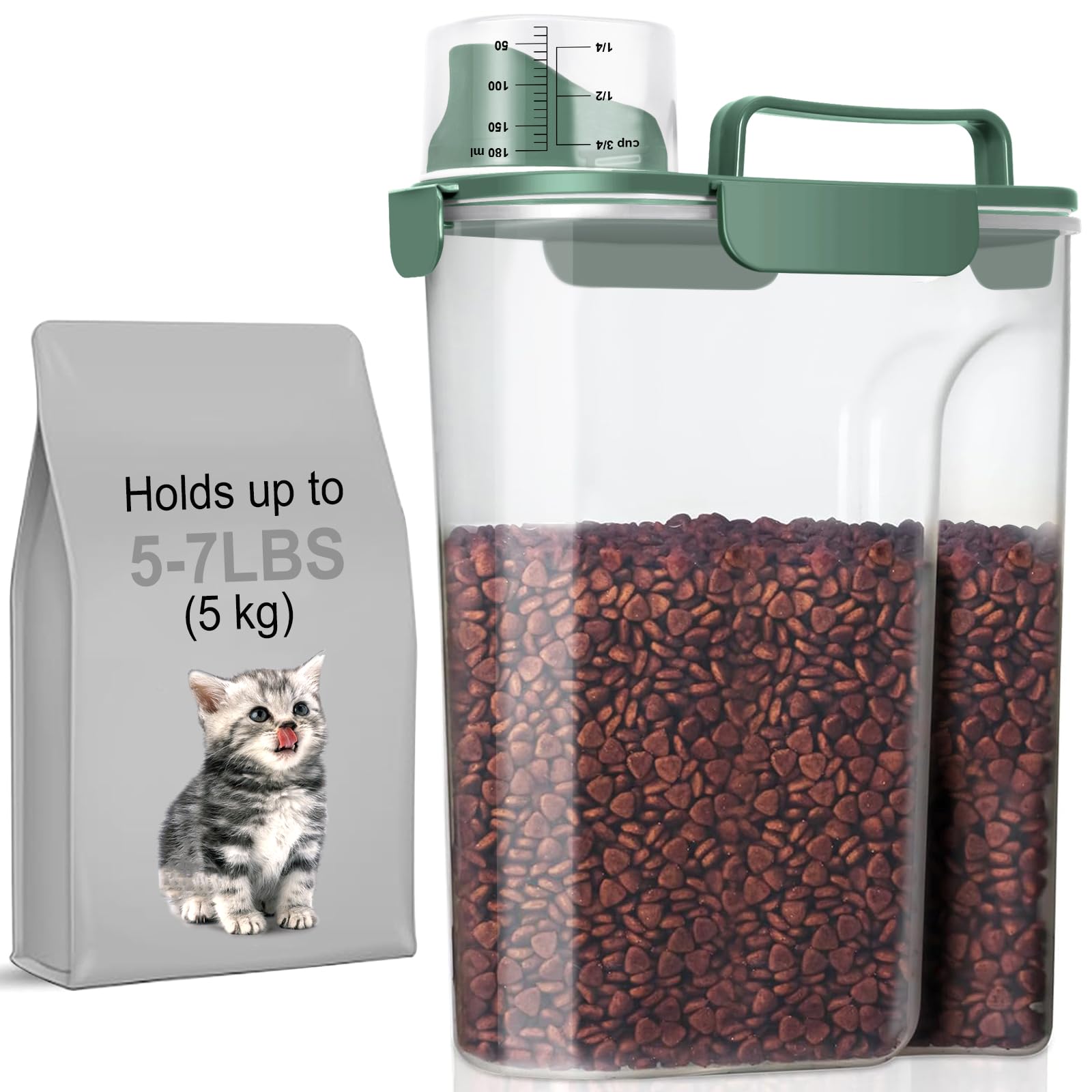 Photo 1 of LEAWALK 5-7Lbs Cat Dog Storage Container, Portable Pet Food Containers with Upgraded Large Spout and Cup, Small Animal Kibble Dispenser for Bird Seed, Oatmeal, Rice, Flour, Brown Sugart-Dark Green