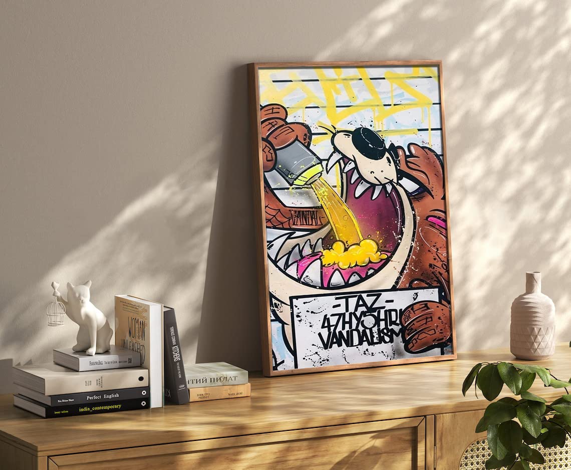 VERRE ART Printed Framed Canvas Painting for Home Decor Office Wall Studio Wall Living Room Decoration (14x22inch Wooden Floater) - Taz Cat Grafitti Art
