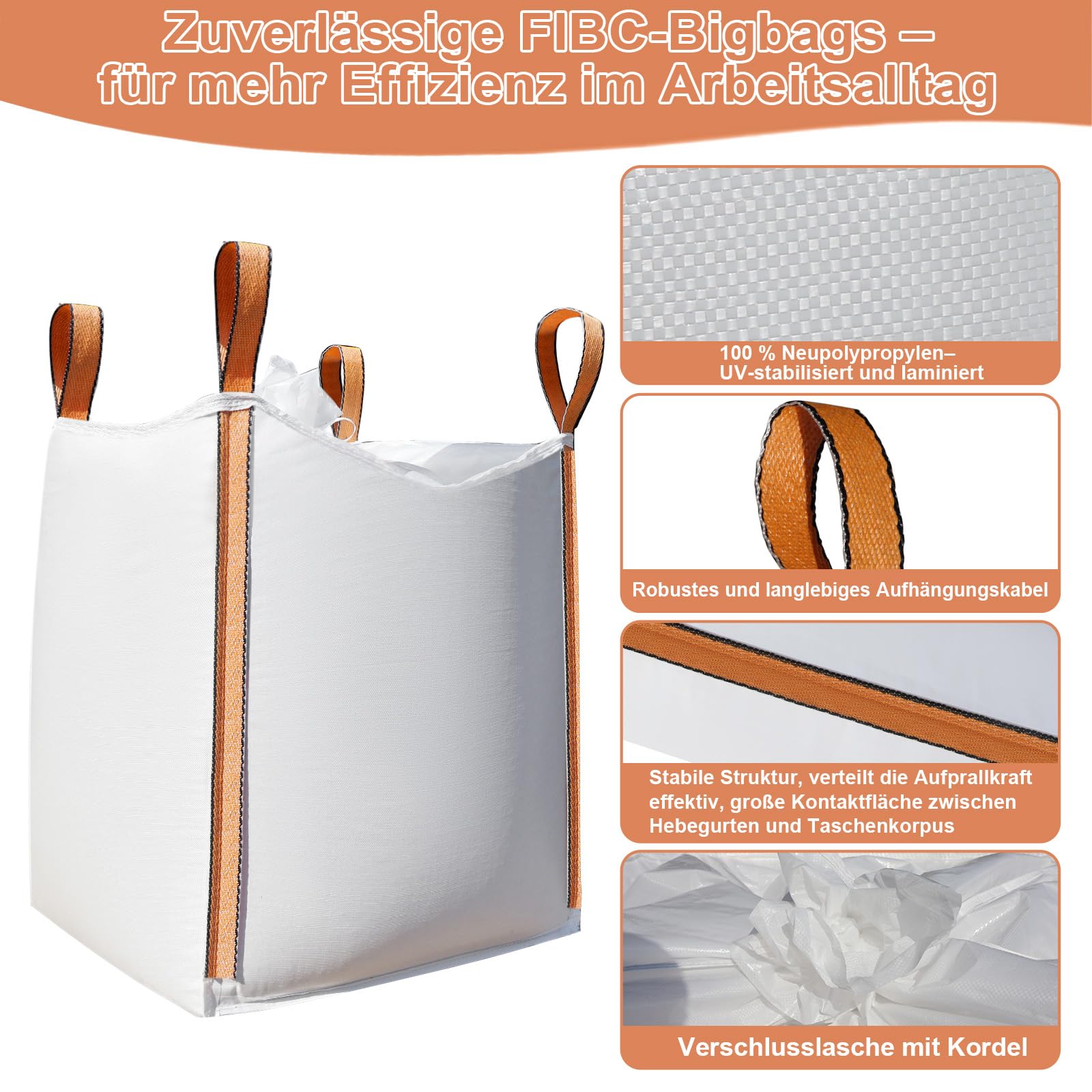 2 Stück FIBC Big Bag UV-beständig Laminiert wasserdicht,1,5 Tonne,89x89x109cm,hält bis zu 1500 kg SWL,Säcke für Landwirtschaft,Bauwesen,Lagerung,Big bags Holz,Sand,Industrie,Schüttgutbehälter.