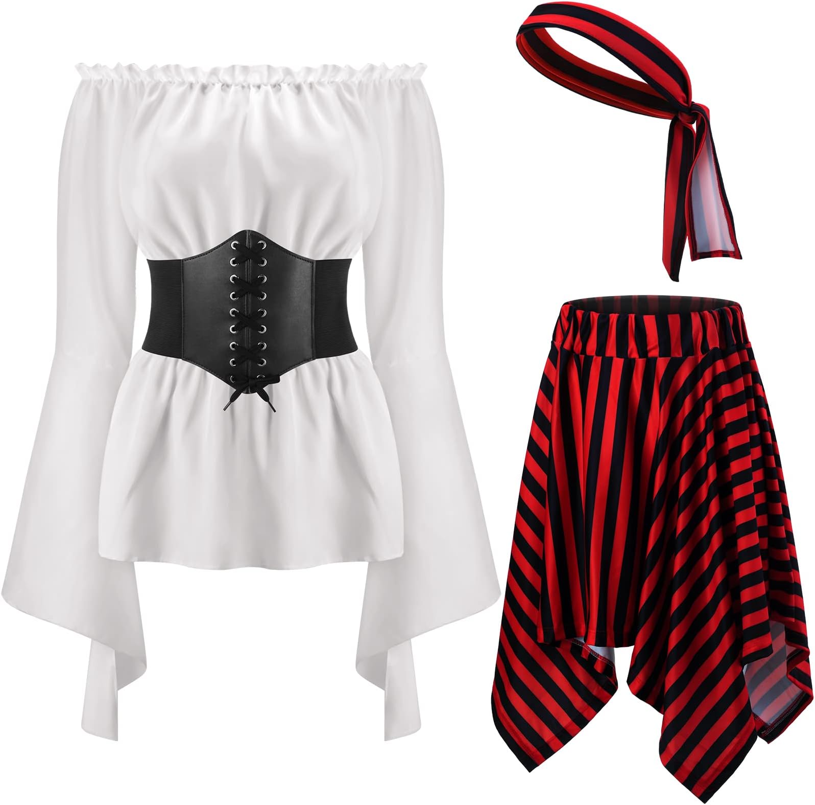 ShihaneeWomen Pirate Costume Outfits Renaissance Blouse Top Corset Pirate Skirt Medieval Accessories for Halloween Costume