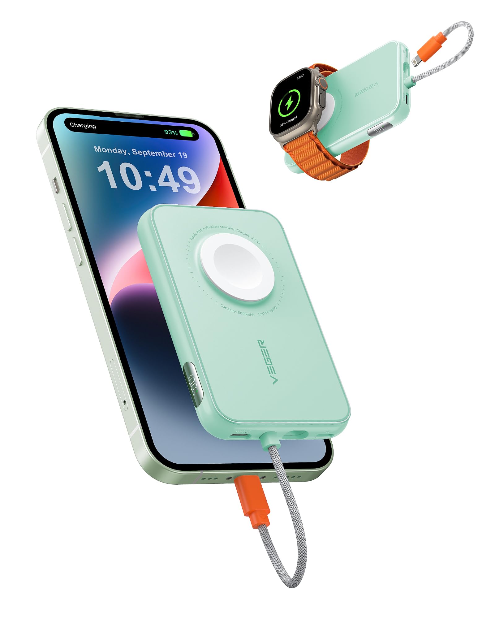 VEGER Power Bank 5000mAh, 20W PD Ricarica Rapida Caricatore Portatile 3 Uscite e 2 Ingressi con LED Display Digitale Batteria Esterna compatibile con iPhone/Android/iPad/Apple Watch