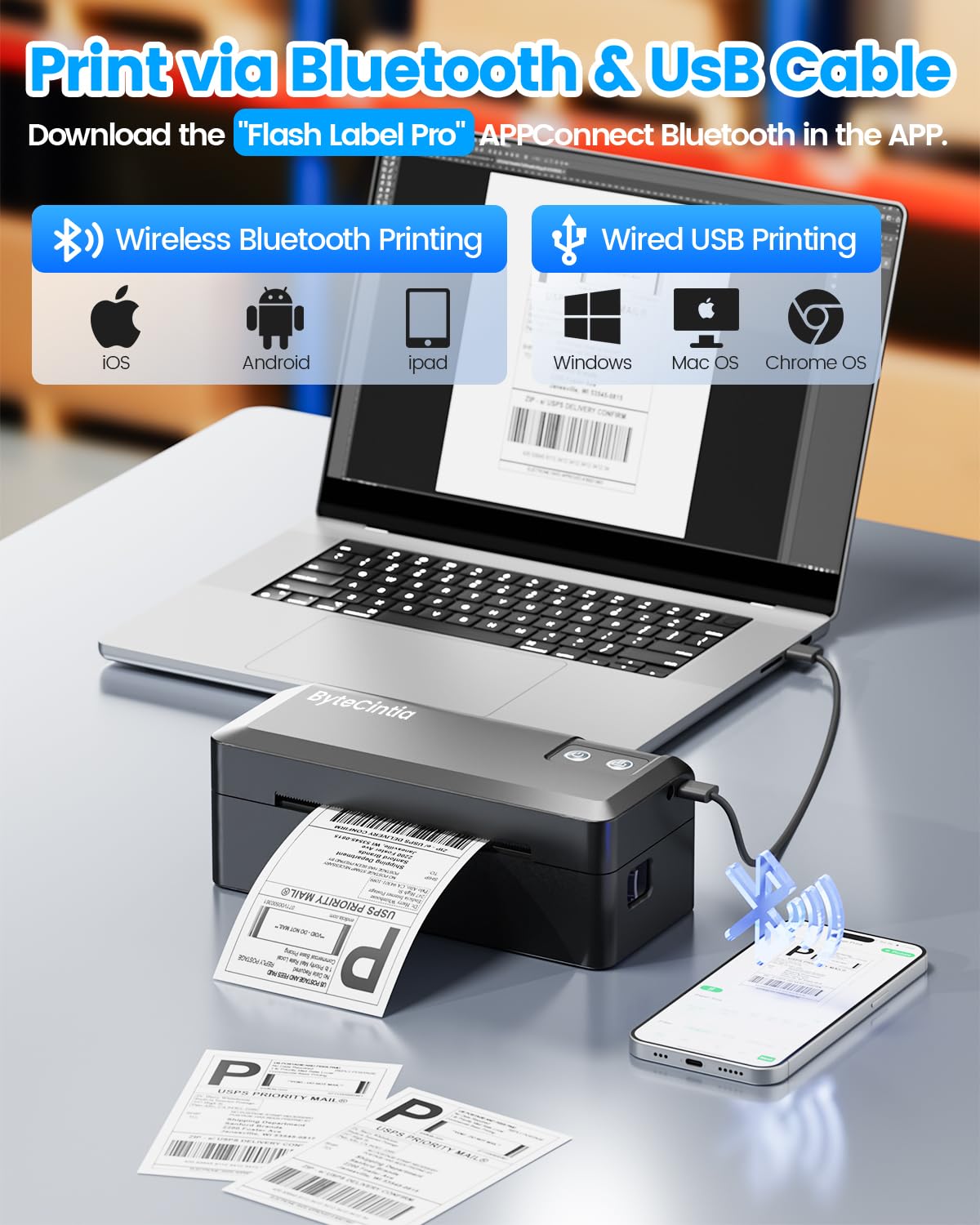 Stampante Termica Etichette Bluetooth, Stampante Etichette Spedizione 4x6 (10x15cm), Stampante di Etichette Postali per Aziende, Compatibile con Amazon, Shopify, DHL, DPD