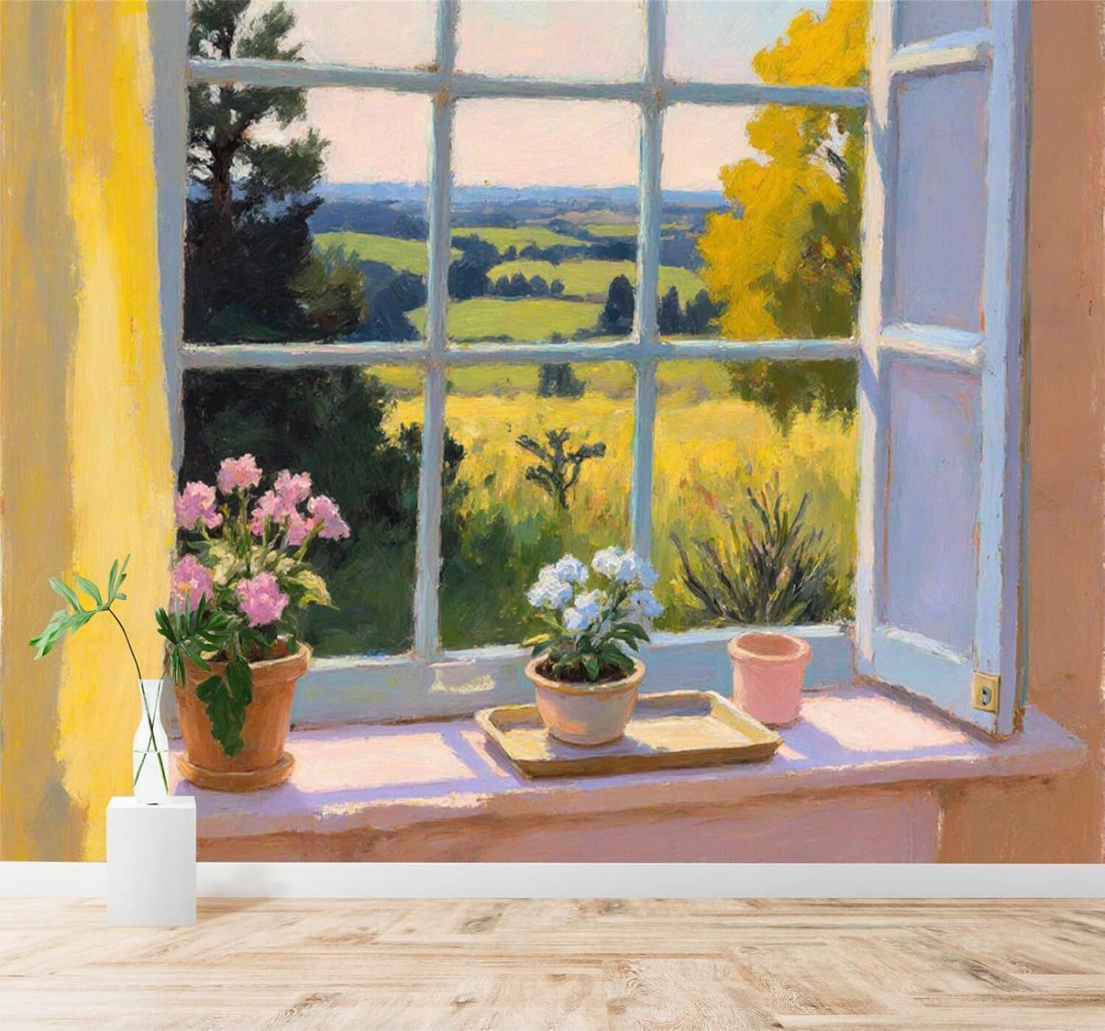 Xlming 350Cm×256Cm(B×H) Window Potted Plant Sunshine Bright Countryside Scenery 3D Wallpaper Silky Texture Home Study Office Grey Dining Room Sofa Bedroom Living Room Tv Backdrop-350Cm×256Cm