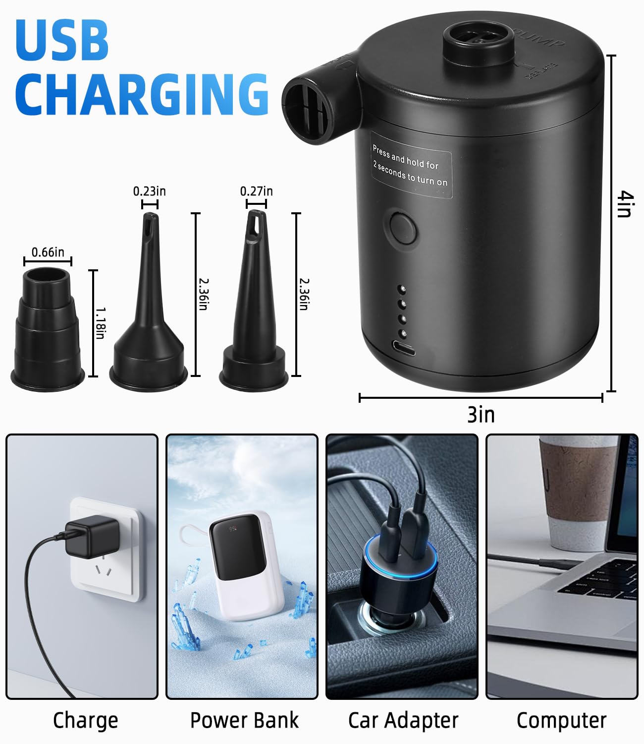 Inflador Electrico Colchon Portátil 4000mAh, Hinchador Colchon Hinchable de Llenado Rápido, Mini Inflador Paddle Surf Electrico para Cojines Inflables, Camas de Colchón de Aire, 3 Boquillas