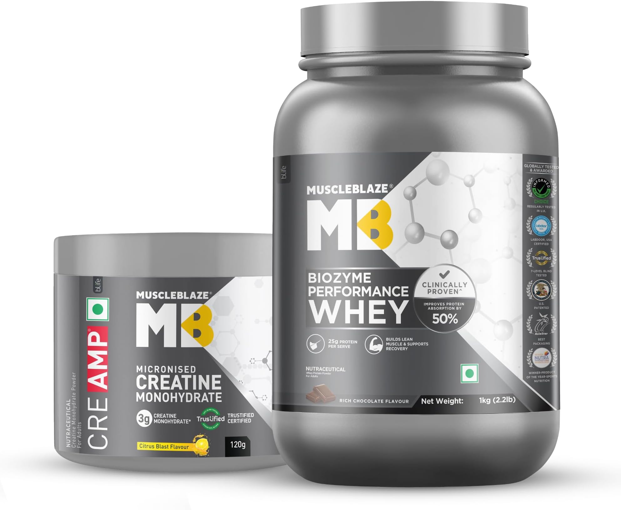 MuscleBlaze Biozyme Performance Whey Protein, 1kg + Creatine 120g