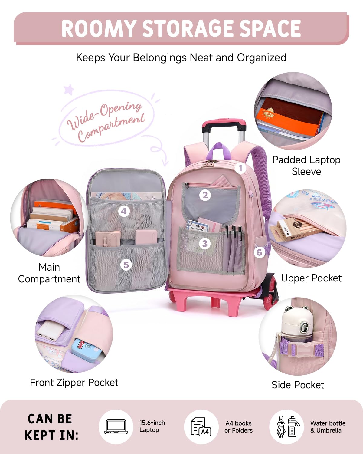 Tanou Mochila escolar con ruedas para niñas, mochila escolar con ruedas de 2 a 5 clases, mochila escolar para niñas con 6 ruedas, desmontable, Rosa., Mittelgroße, Preppy