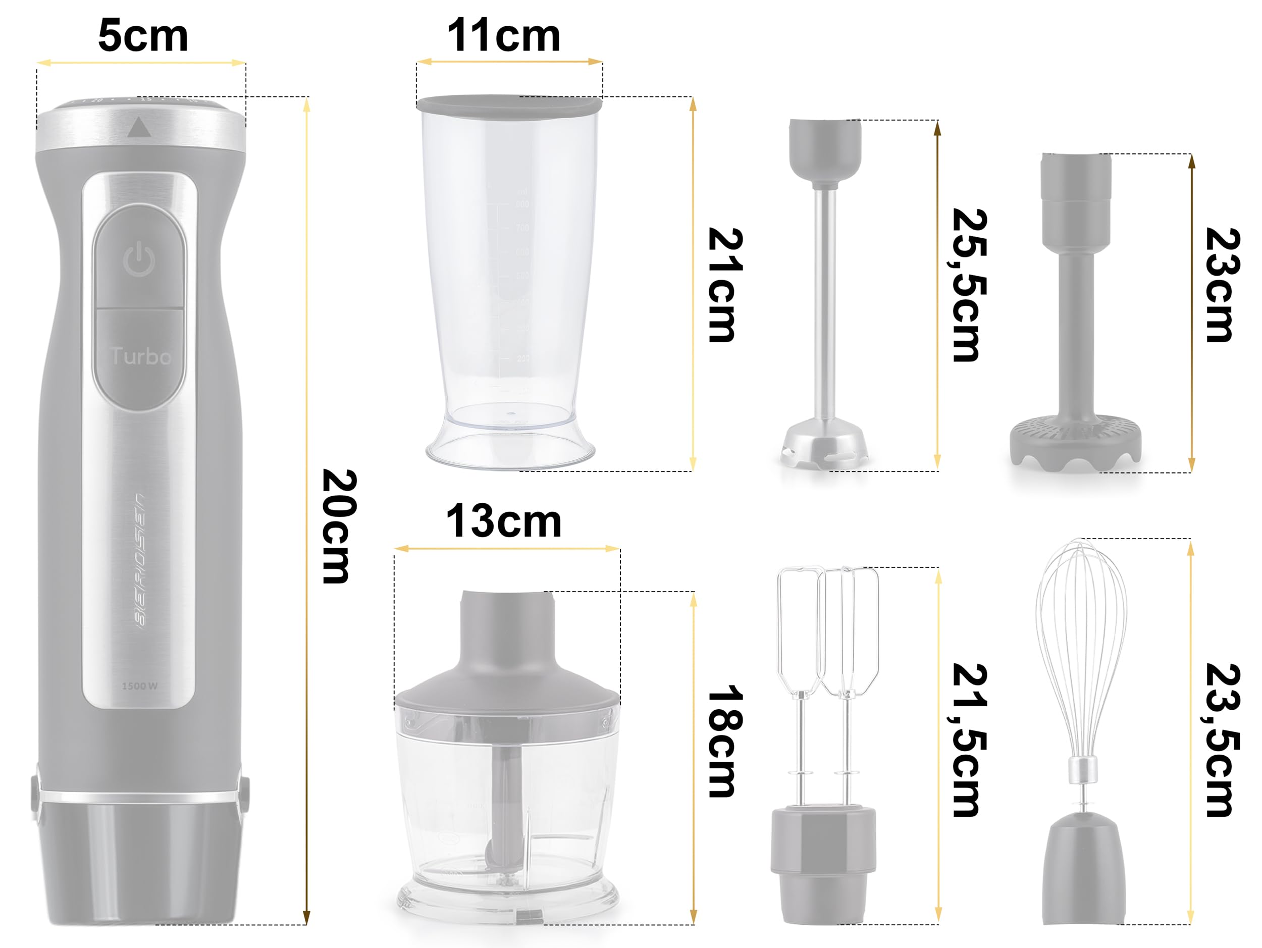 Berdsen Frullatore a immersione manuale Frullatore ad immersione 1500W Multifunzionale con accessori Funzione Turbo 800 ml Acciaio Plastica Grigio Nero