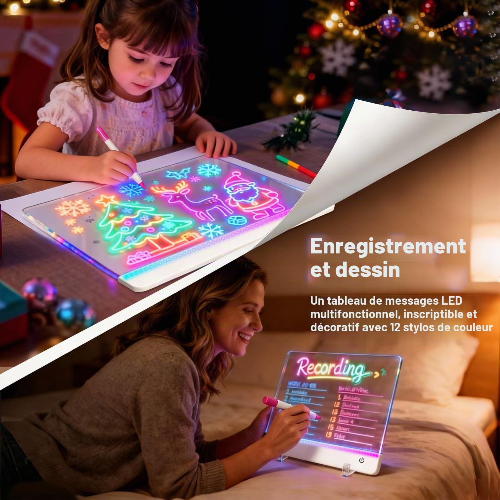 Tablette Lumineuse Dessin Tableau Lumineux avec 12 couleurs - Avec stylo de 12 couleurs - Tableau d'affichage LED transparent lumineux - Effaçable - Bloc-notes - Tableau mémo (30 x 20 cm)