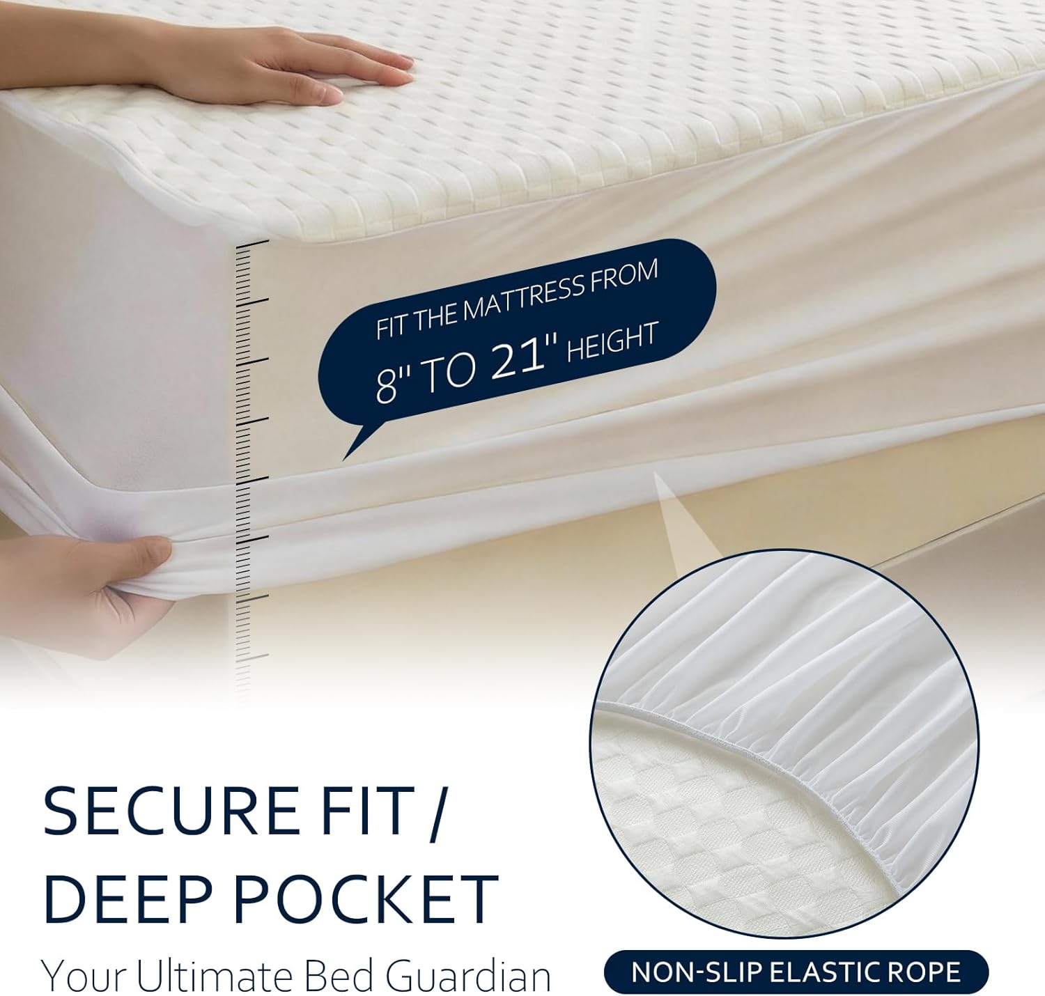 Waterproof Mattress Protector with Deep Pocket, 3D Waffle Bed Cover, Soft Organic Cotton Blend, Moisture-Wicking, Noiseless (White, Queen)