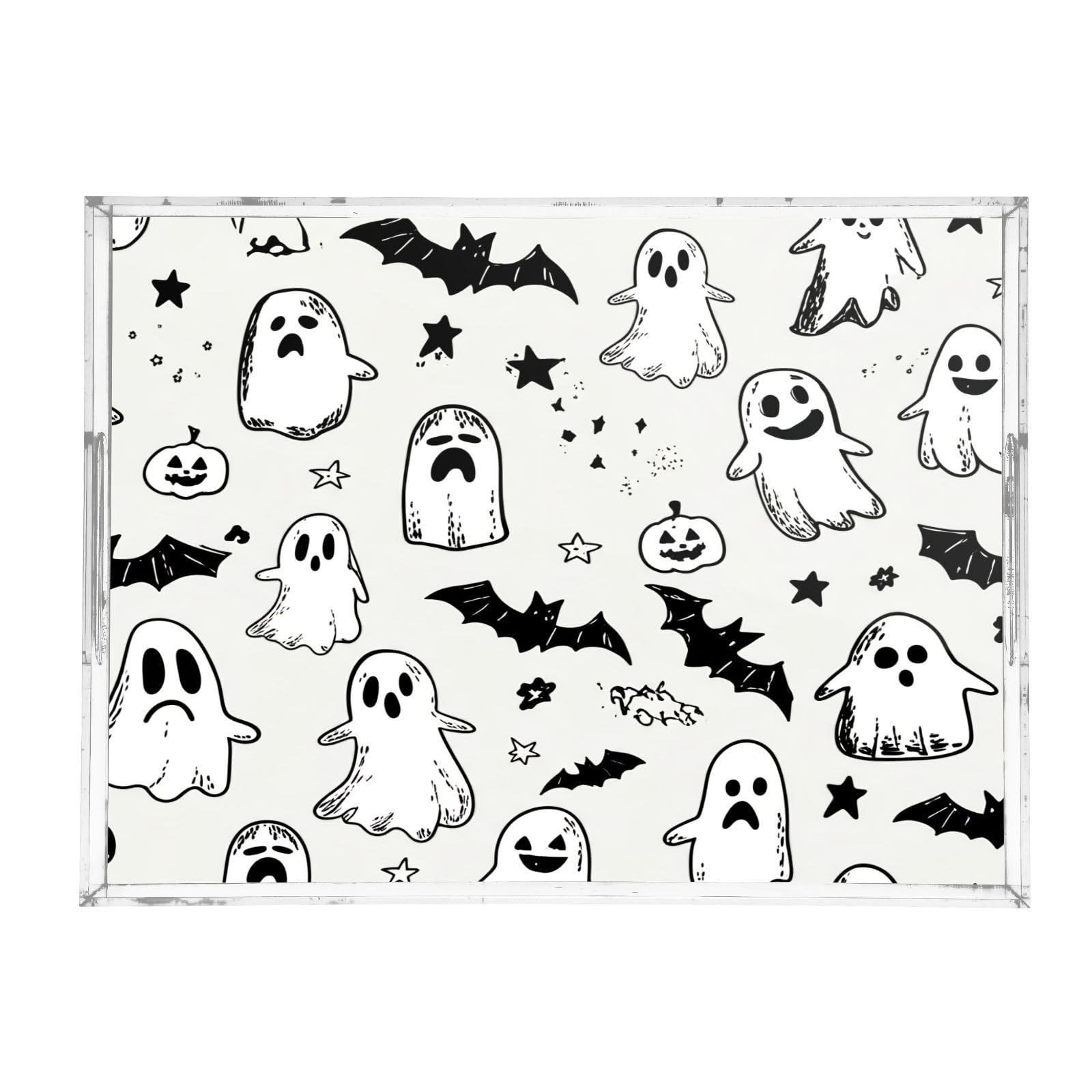 BOESI Graffiti Cute Ghosts and Bats Acrylic Decorative Dining Tray, Acrylic Decorative Tray Organizer with Handle for Kitchen, Dining Room, Bathroom, Dresser