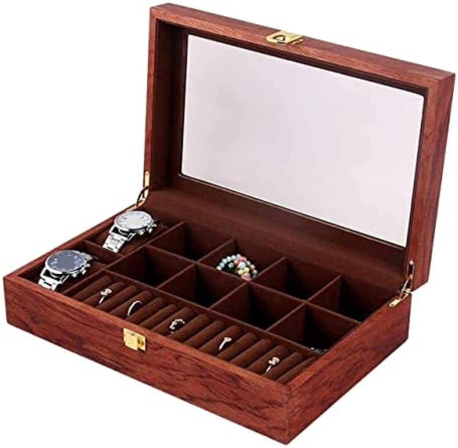YNBSHGAA Watch Organizer Display Vintage Wood 2 Slots Watch Storage Box Clear Top Lockable,Red Brown,31X20X8cm