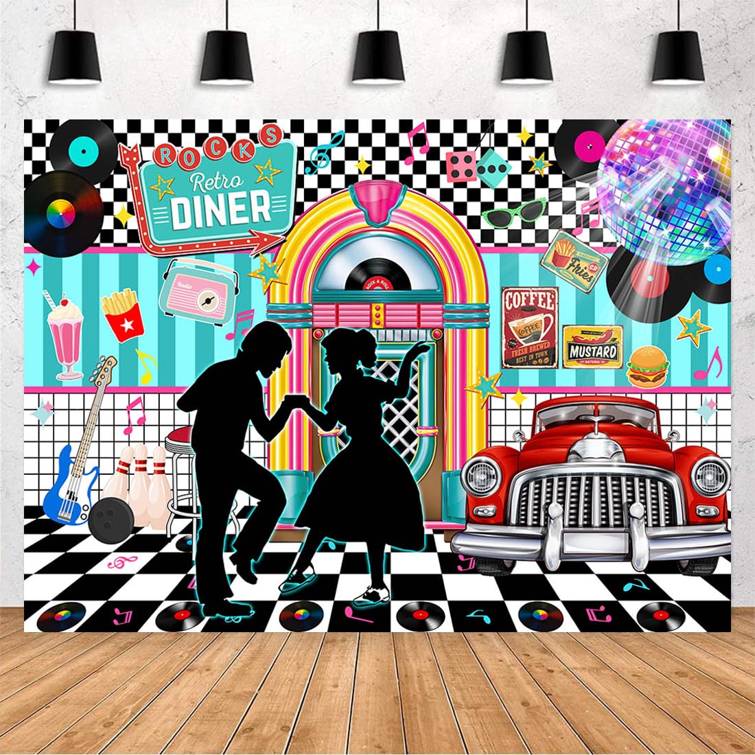 Avezano Back to 50s Backdrop Rock and Roll Retro Diner Disco Dance Photography Background 50s Theme Party Banner Decoration Supplies (10x8ft)