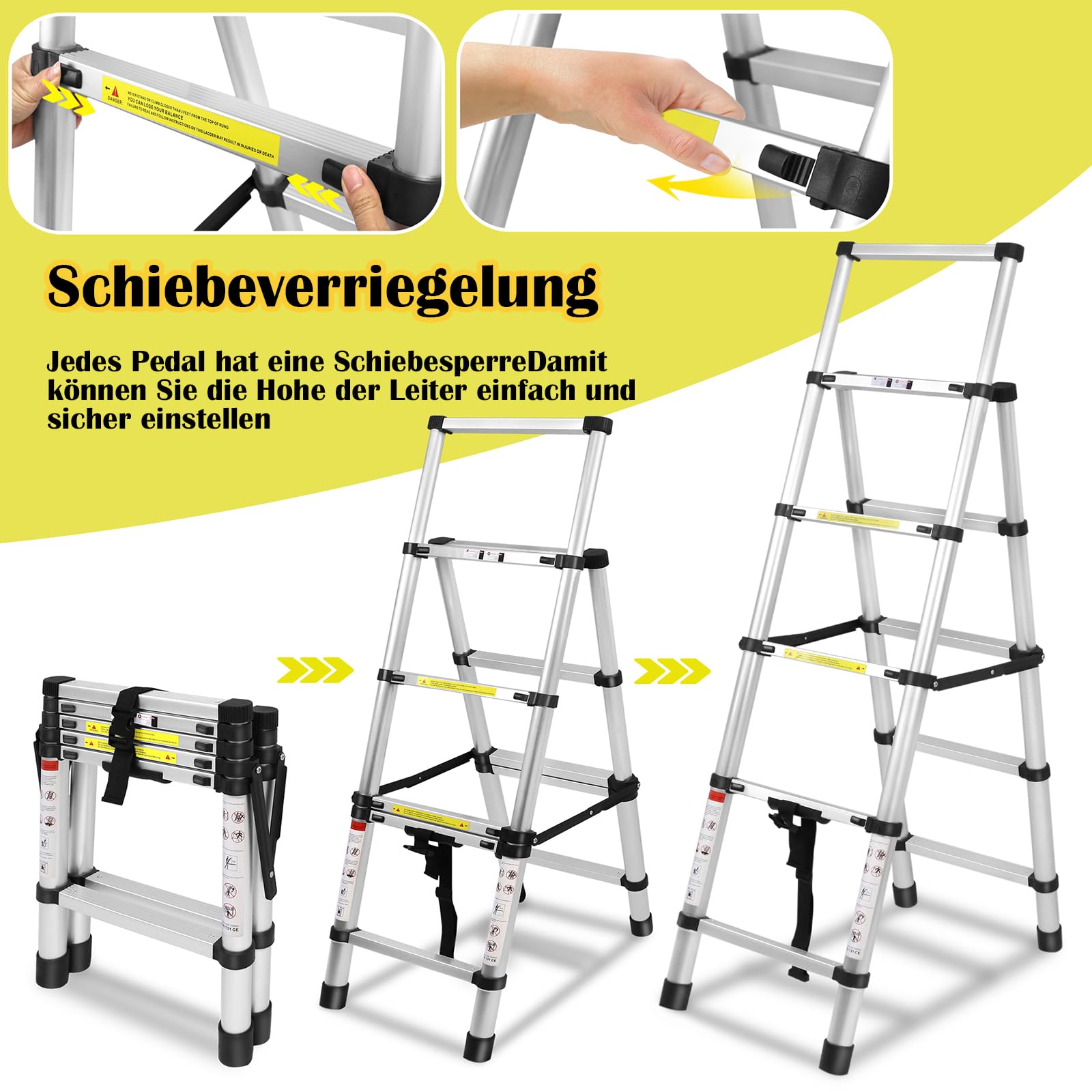 LZQ Telescopische ladder, 1,7 m 2 m, aluminium vouwladder, uittrekbare ladder, A-frame, 6 7 treden, multifunctionele ladder, uittrekbare staande ladder, antislip, voor hoog klimmen, 150 kg