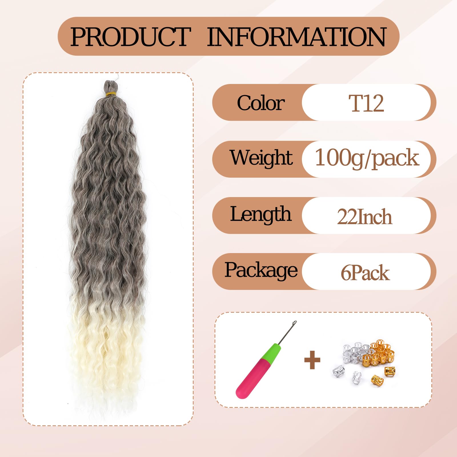 TAOYEMY Deep Wave Crochet Curly Braiding Hair 22 Inch 6 Packs Ocean Wave Crochet Hair Extensions Synthetic Curly Crochet Hair For Women (T12# - Image 2