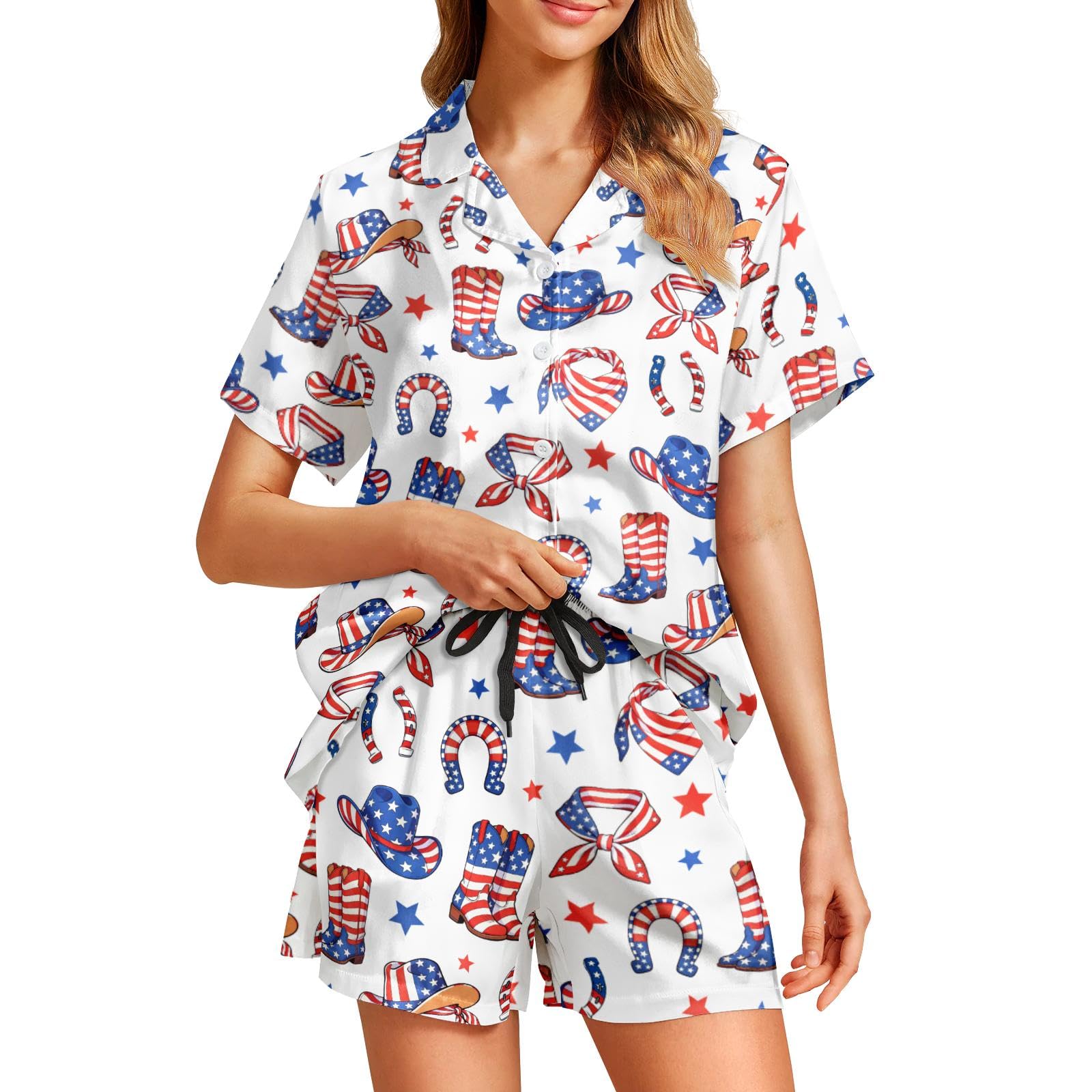 Funny Pajamas for Women Set Print Satin Loungewear Pjs Short Sleeve Button Down Top and Shorts Sets Sleepwear XS-3XL