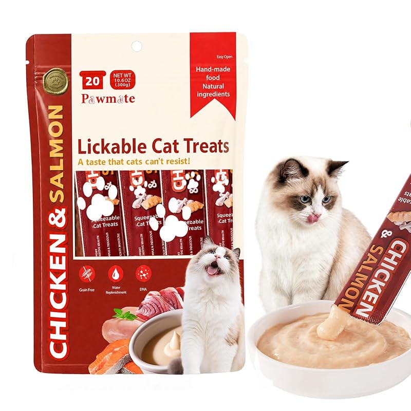 Petisco Lickable para Gatos Pawmate com Frango e Salmão, 20 Tubos de 15 g