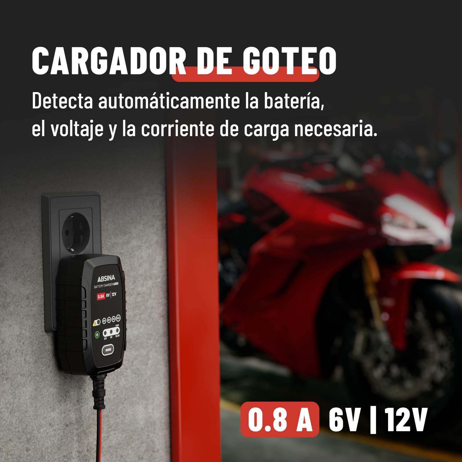 ABSINA Cargador Baterias Coche para Motocicleta Totalmente Automático - Cargador AGM 6V & 12V para Baterías de Plomo hasta 26Ah / 12,8V Litio hasta 15Ah - Cargador Bateria Moto con 800mA