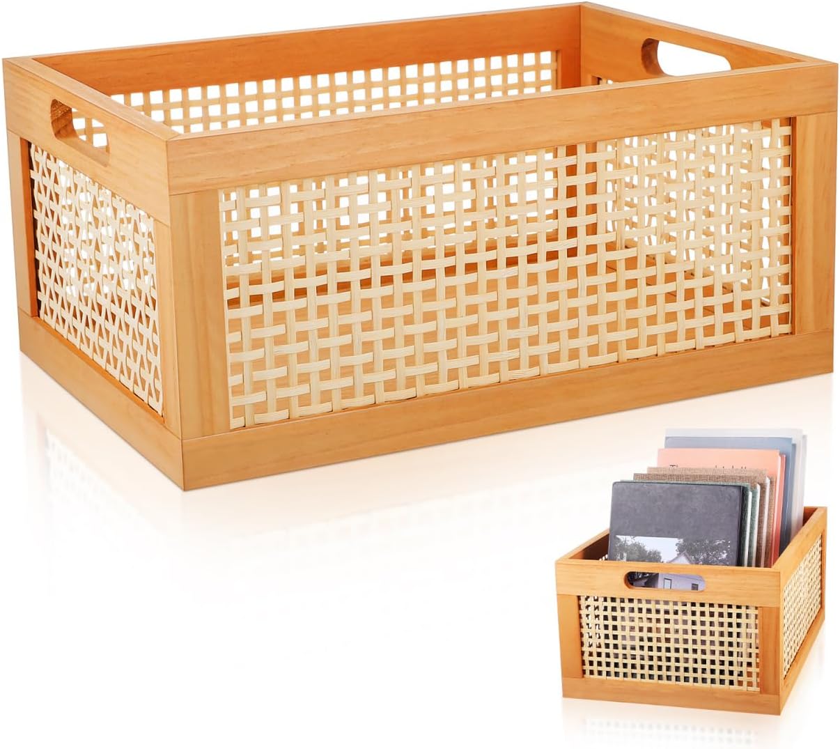 Cabilock Wooden Storage Bin Handmade Woven Storage Basket for Desktop Shelf Bedroom Bathroom or Kitchen Counter Light Brown Decorative Organizer 13.77 X 9.84 X 6.29 in