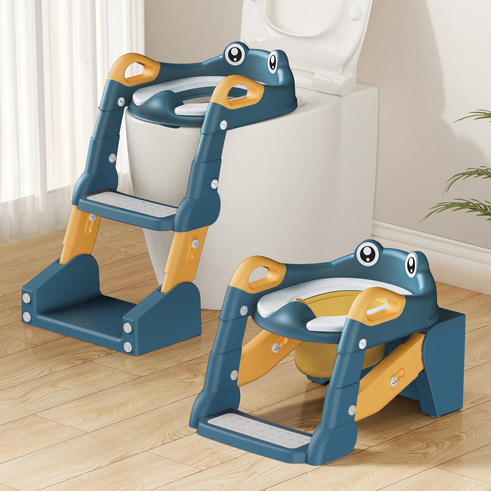 2 IN 1 Toilettensitz Kinder, Toilettensitz Kinder mit Treppe für Jungen Mädchen Baby, Upgraded 2-in-1 Kinder WC Sitz mit Treppe mit Urinal und Spritzschutz (Blue-Yellow)