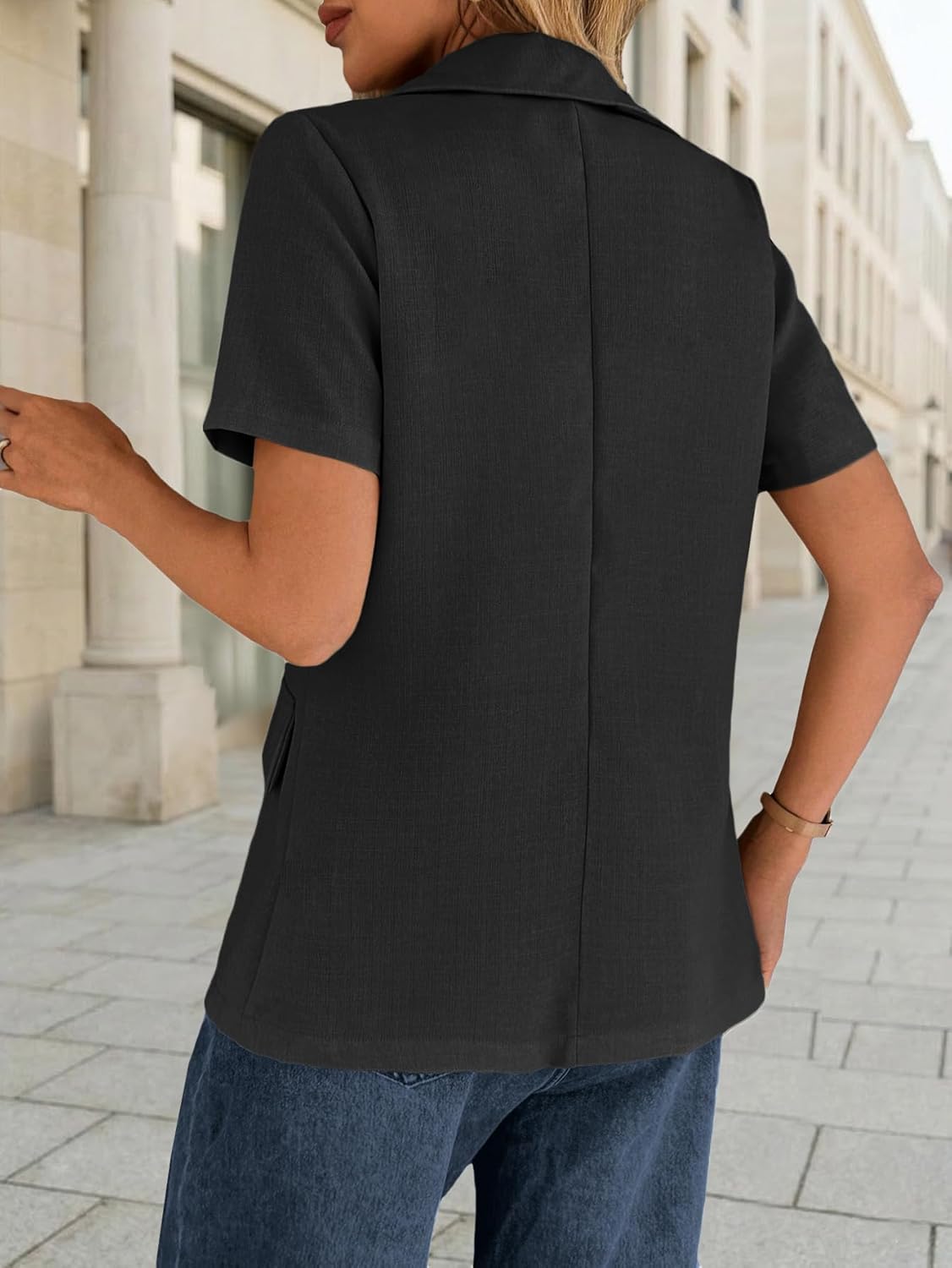 Mina Self 2026 Spring Women's Short Sleeve Blazer Jacket - Stretch Full-Lined One Button Lightweight Casual Work Pockets