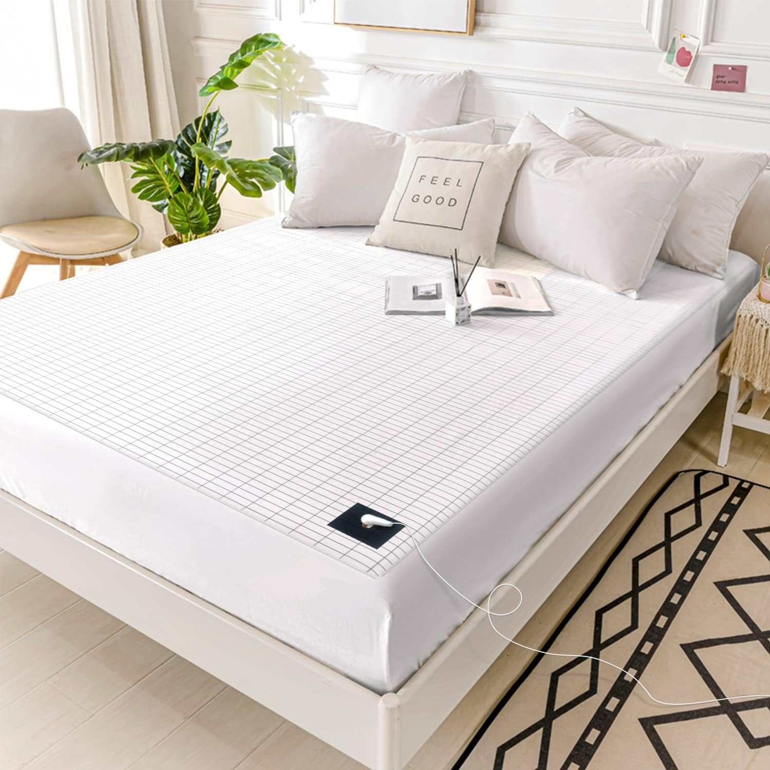Grounding Fitted Sheet Super King Size, Grounding Sheet Conductive Sheet with Silver Fiber Therapy for Better Sleep Reduce Stress Pain (White, Super King)