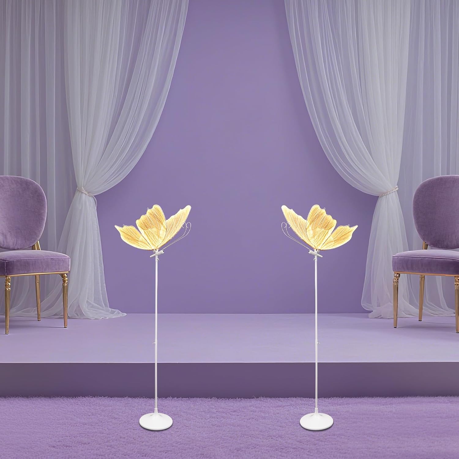 2PCS 23.6'' Wedding Butterfly LED Lights, 48W Butterfly Floor Lamp Adjustable Height 57.5-70.1in Butterflies LED Decor Ceiling Lights, for Wedding Hall Hotel Layout