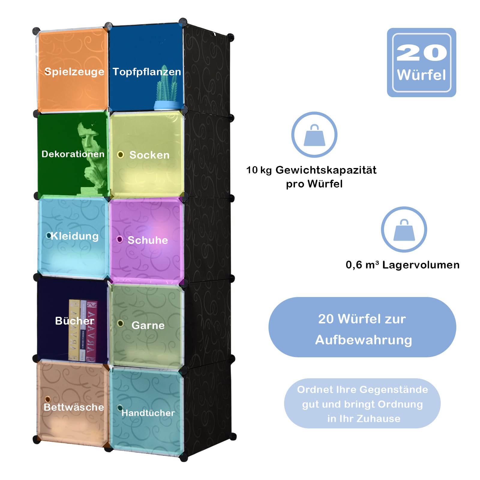COSTWAY 20 Würfel Steckregal, DIY Würfelregal stapelbar aus Kunststoff, Regalsystem Stufenregal Modular mit Kippsicherung für Schlafzimmer, Wohnzimmer