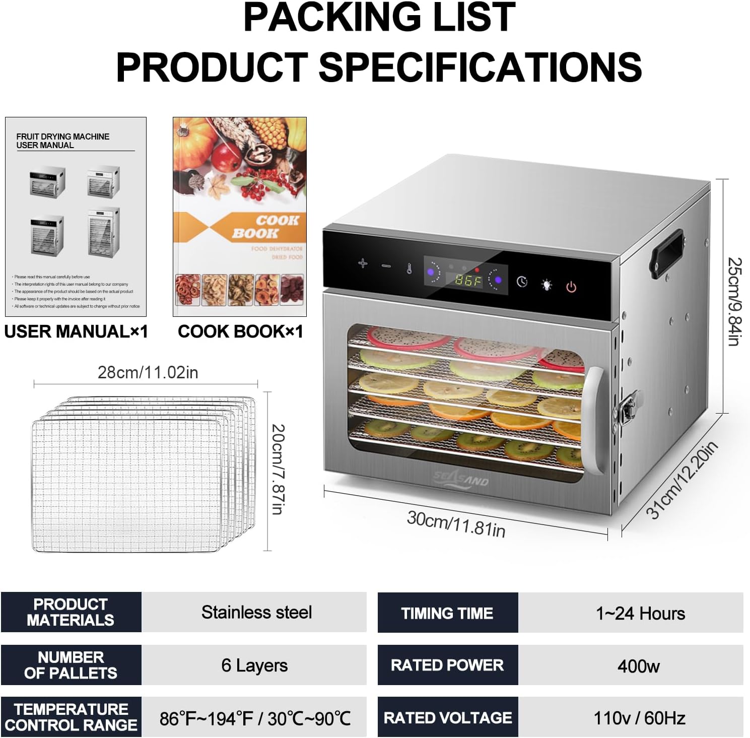 SEASAND Food Dehydrator Machine | 6 Stainless Steel Trays, Independently Control Temperature And Time, Rear-Mounted Fan, 24 Hours Timer - Used For Vegetables, Fruits, Meat, Pet Food