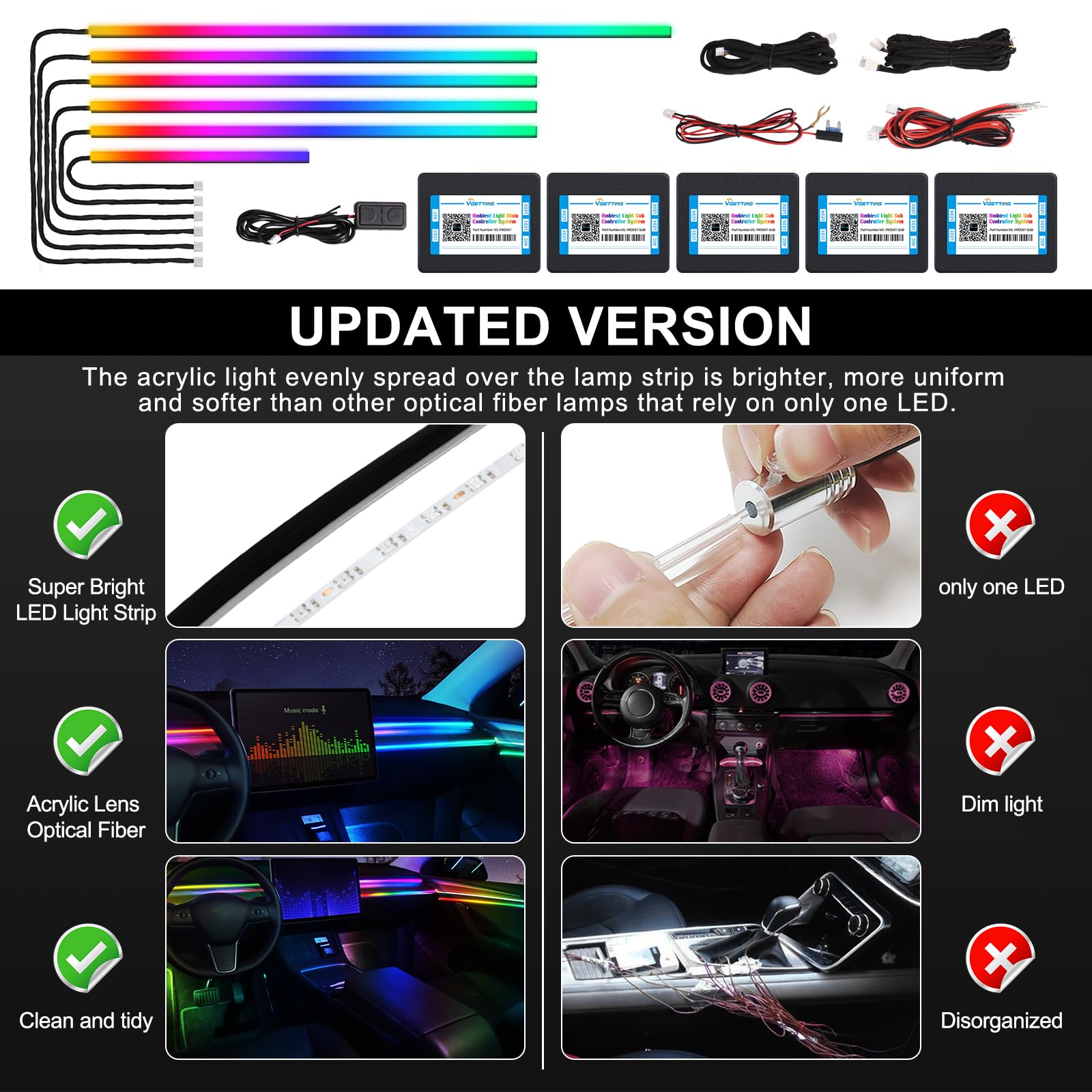 Dreamcolor Acrylic Interior Car LED Strip Light with APP, RGB 6 in 1 with 175 inches 600 LEDs Car Ambient Lighting Kits, LED Strip for Car Accessories