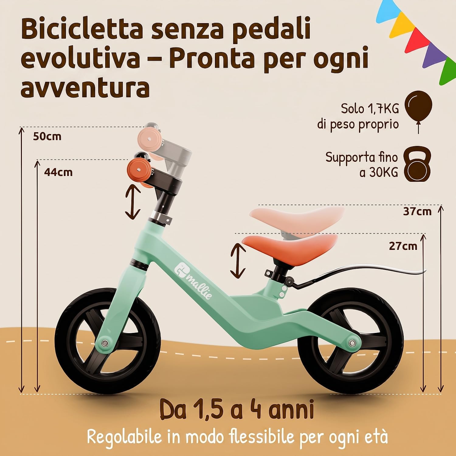 Mallie® Bicicletta Bambini 2-3 Anni con campanello - Balance Bike, Regalo Bambina 3 Anni, Giochi Bambina 2 Anni, Bici Senza Pedali 2 Anni, Regalo Bambino 4 Anni