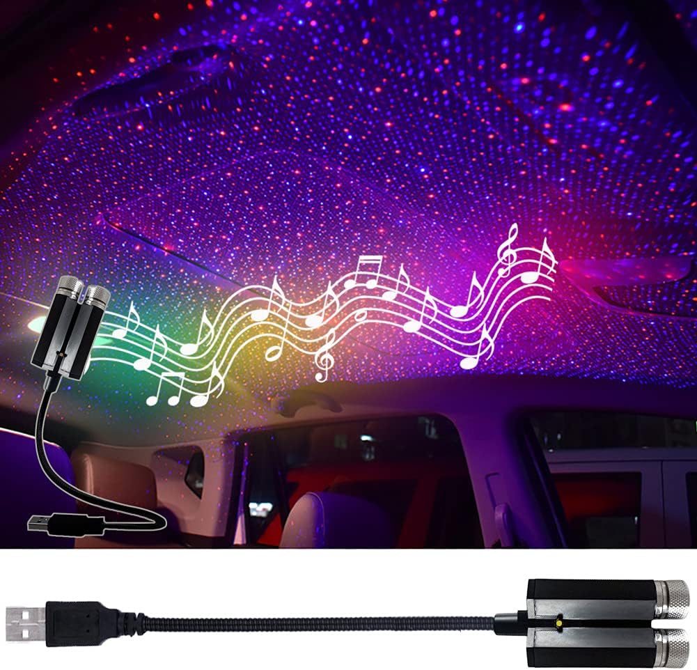 USB Star Night Lights Projector, LEDCARE Sound Activated 3 Modes 2 in 1 Interior Car Roof Lamp, Adjustable Romantic Portable LED Lights for Car Ceiling Bedroom Decoration, Red Purple