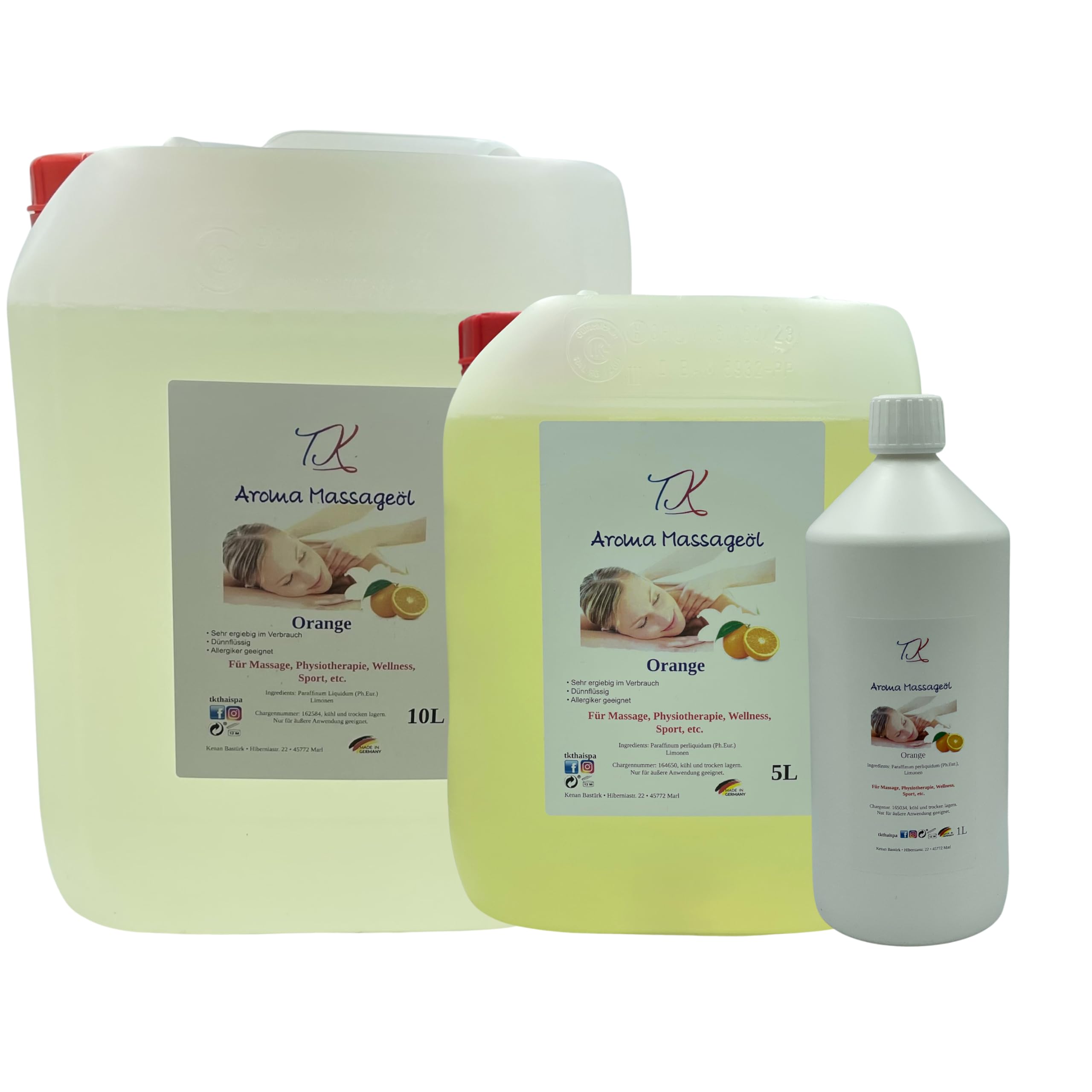 Lot de 11 huiles de massage aromatiques (2 x 500 ml) pour massage, physiothérapie, bien-être, sport, etc. de qualité pharmaceutique (1000 ml, orange et orchidée)