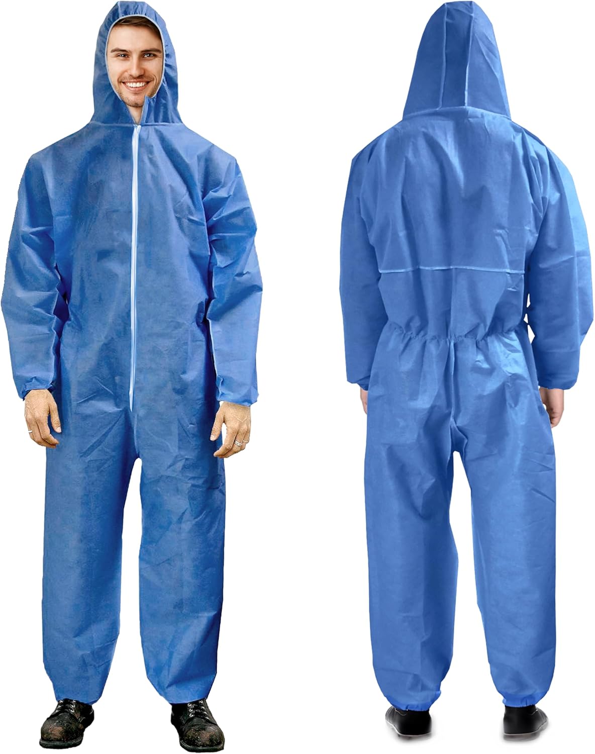 Disposable Coveralls for Men and Women, X-Large. Pack of 25 Blue Hazmat Suit Costume. Water-Resistant SMS Polypropylene Painters Suit with Hood, Elastic Wrists and Ankles, Front Zipper