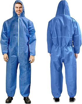 Disposable Coveralls with Hood, Blue, X-Large, Tri-Laminated SMS Polypropylene Work Suit with Zipper, Elastic Wrists and Ankles