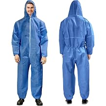 Disposable Coveralls with Hood, Blue Large Protective Suit, Tri Laminated SMS Polypropylene Coverall with Zipper, Elastic Wrists and Ankles