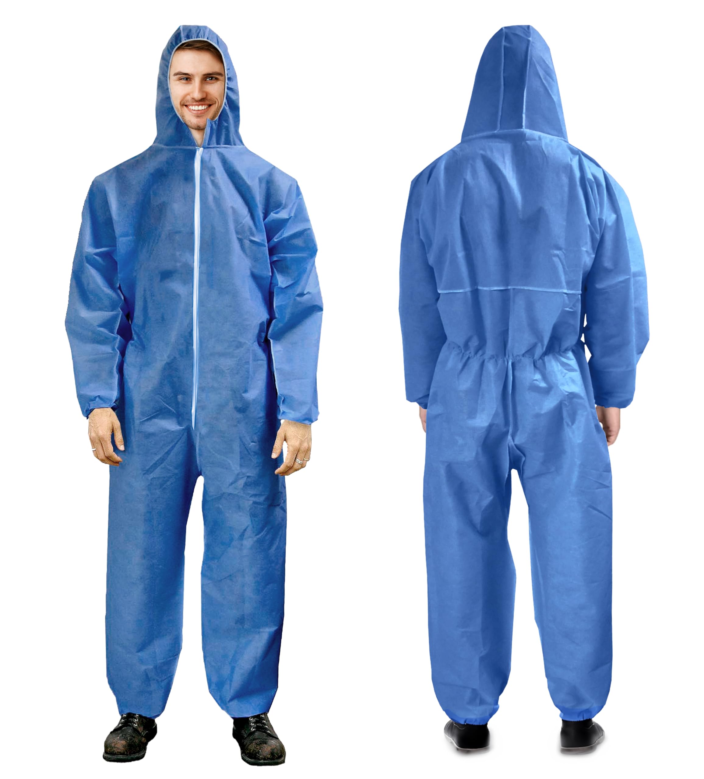 AMZ Supply Disposable Coveralls for Men and Women, Large. Blue Hazmat Suit Costume. Water-Resistant SMS Polypropylene Painters Suit with Hood, Elastic