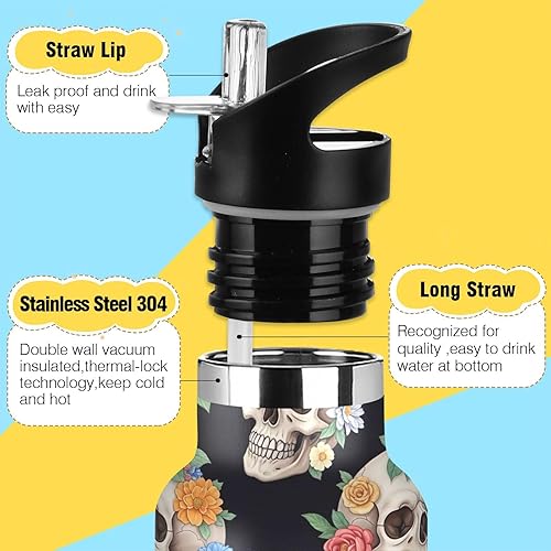 Miniatura 3 de Water Bottle for Kids with Straw, Stainless Steel Water Bottle for Travel or School 20 Oz, BPA-Free, Human Skulls Colorful Flowers