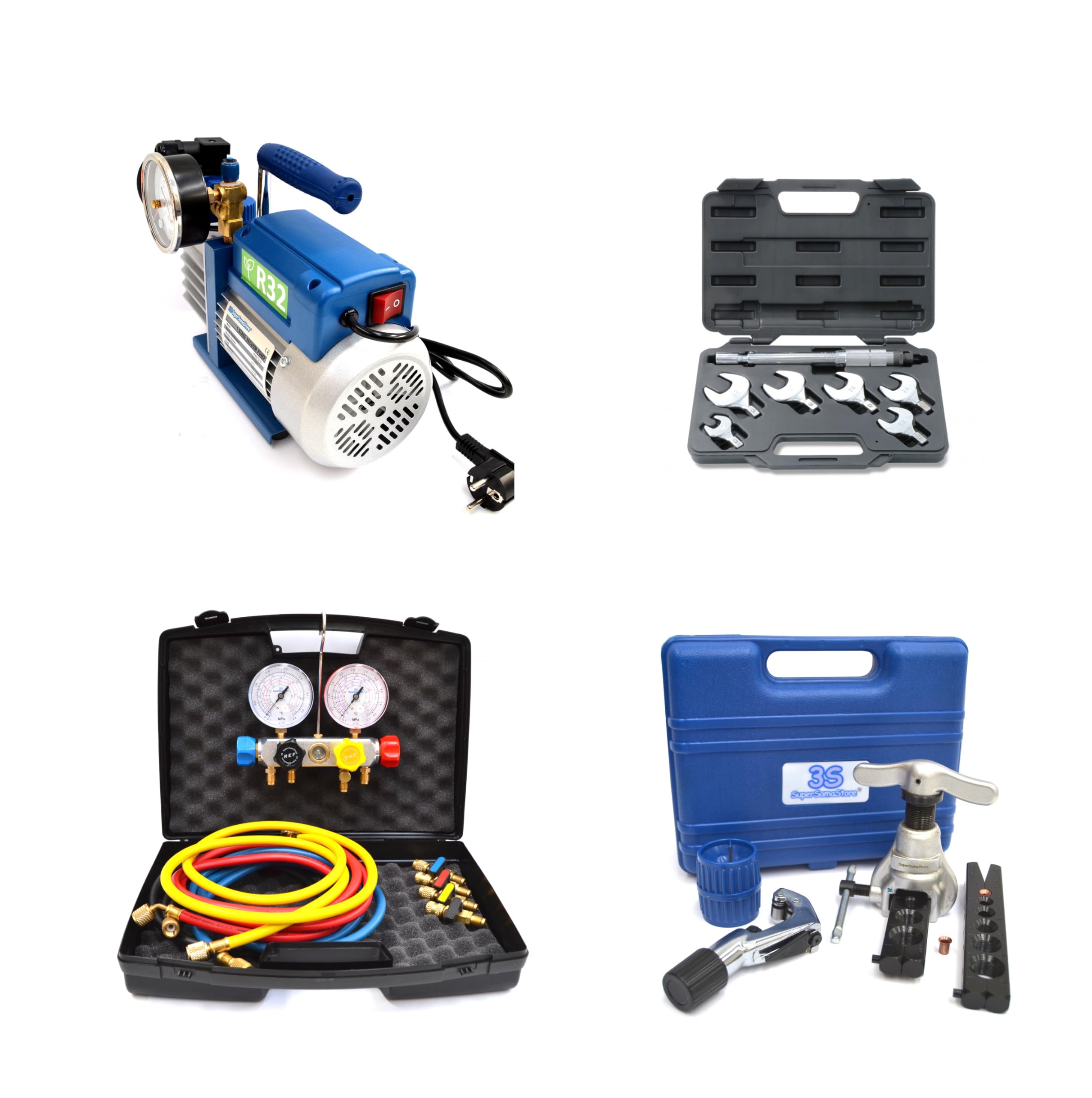 3S SuperSamaStore Kit Professionale Installatori Impianti Condizionamento con Strumenti Manutentori: Pompa del Vuoto Bistadio 70 Lt R32, Set Manometri 4 Vie, Cartellatrice, Chiave Dinamometrica