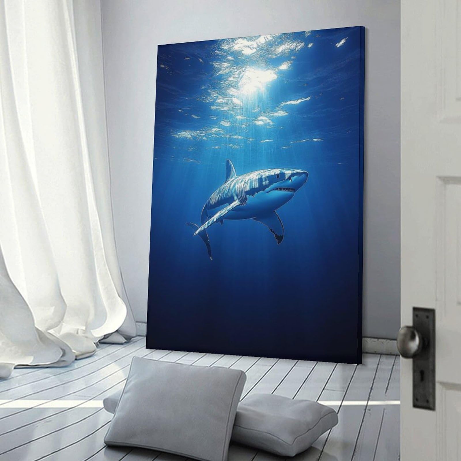 Junmoney Great White Shark in Ocean Depths Canvas Wall Decor 20x30inch(50x75cm), for Calm Bedrooms, Home Corners Or Flats, An Easy Wall Refresh for Bedrooms