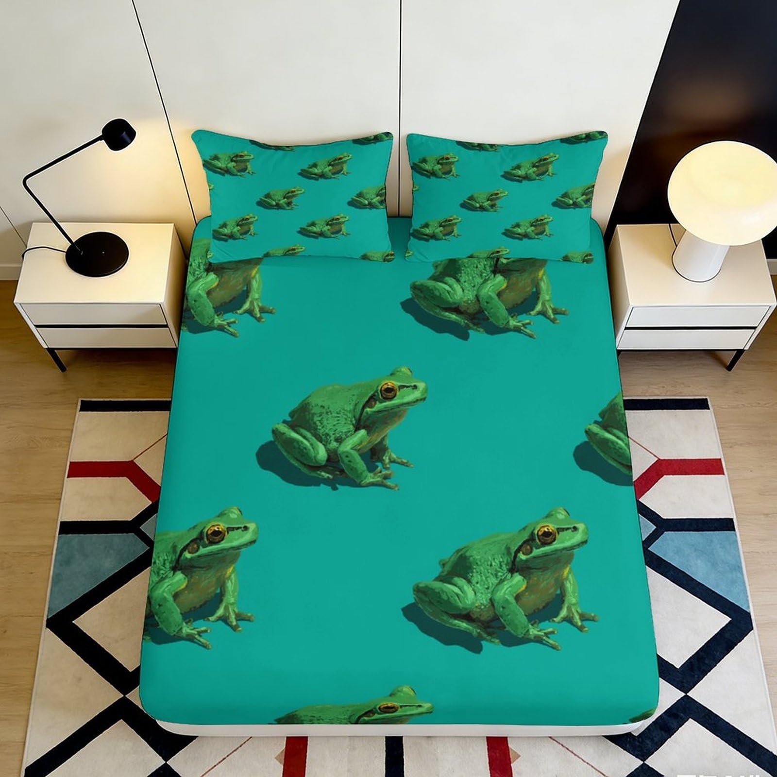 3D Printed Green Frog Fitted Sheet Microfiber Anti-Slip Machine Washable Teal Bed Cover for Bedroom Guest Room Decor 160x200x25cm