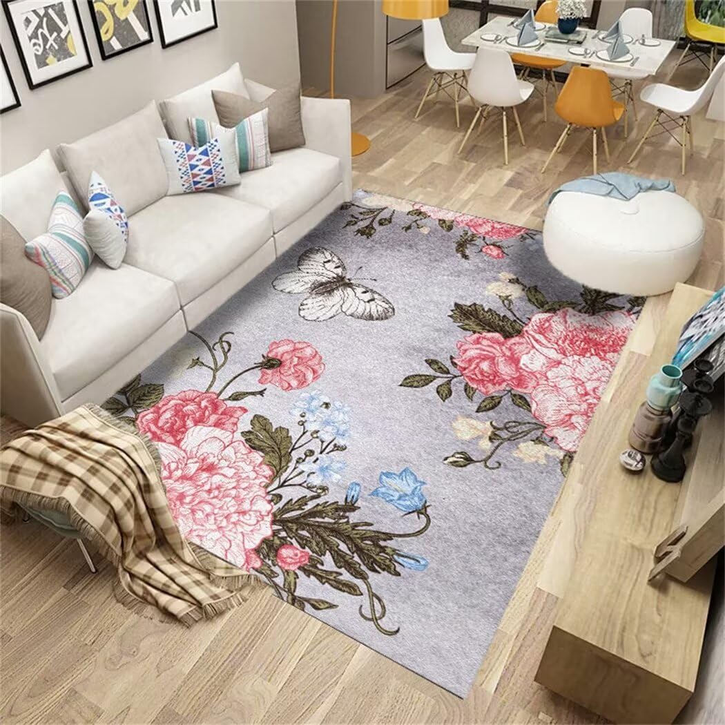 Tapis anti-acariens et anti-sale rose de salon 180x250cm à motif floral
