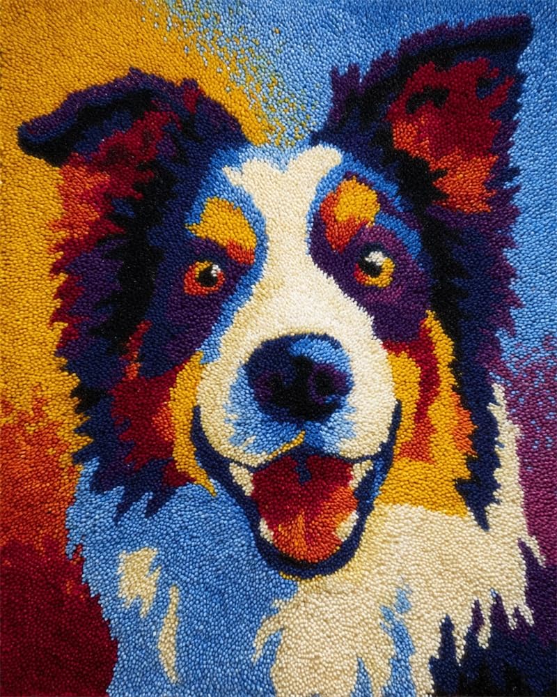FWRTYCB Latch Hook Kits Rugs,Border Collie DIY Latch Hook Rug Making Kits for Beginners,20X15Inch Rug Making Kits with Printed, DIY Latch Hook Kits Carpet, Latch Hook Kits for Adults, Embroidery Kit