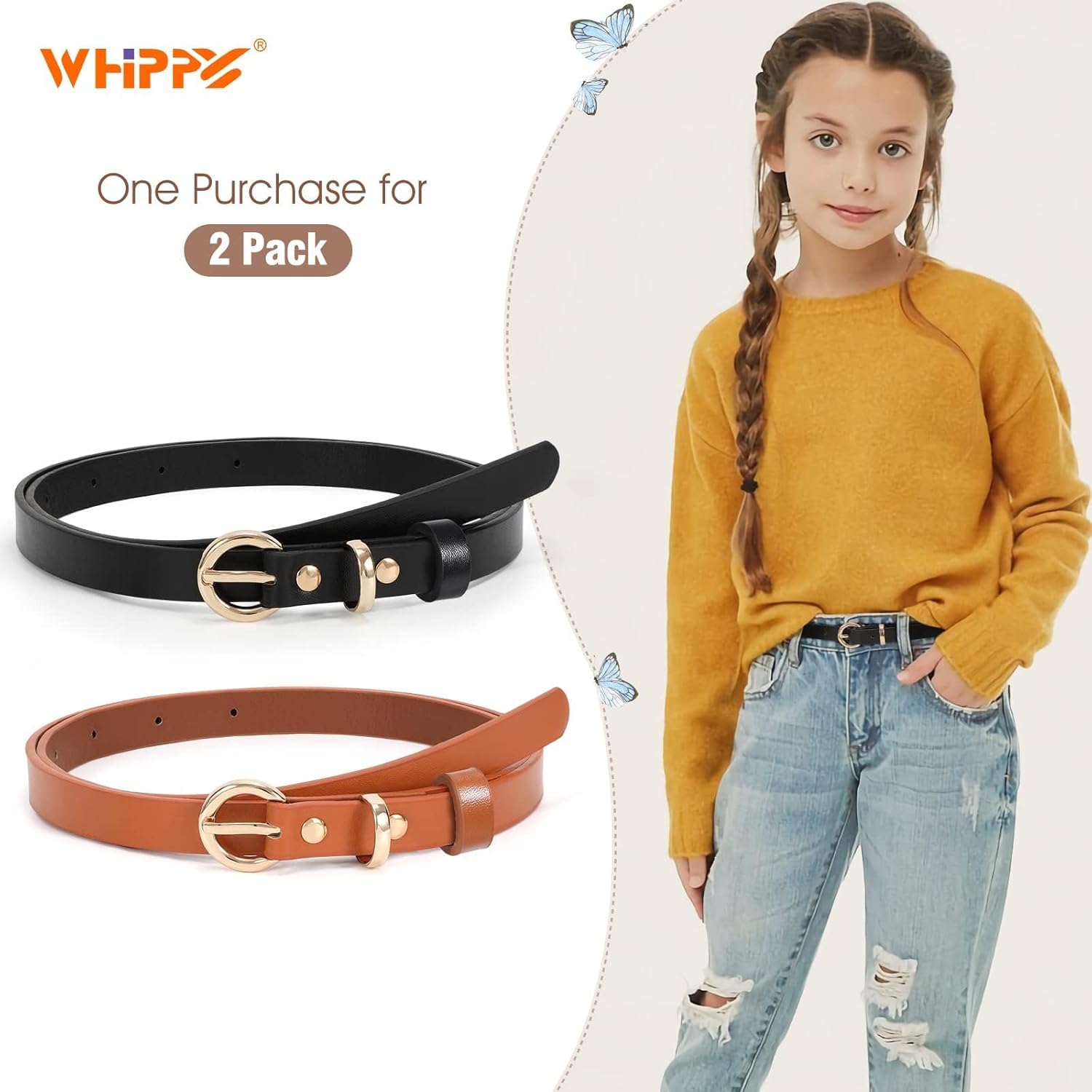 WHIPPY 2 Pack Belts for Girls Kids Skinny Belts Thin Leather Waist Belt with Alloy Pin Buckle for Pants Jeans Dresses - Image 2
