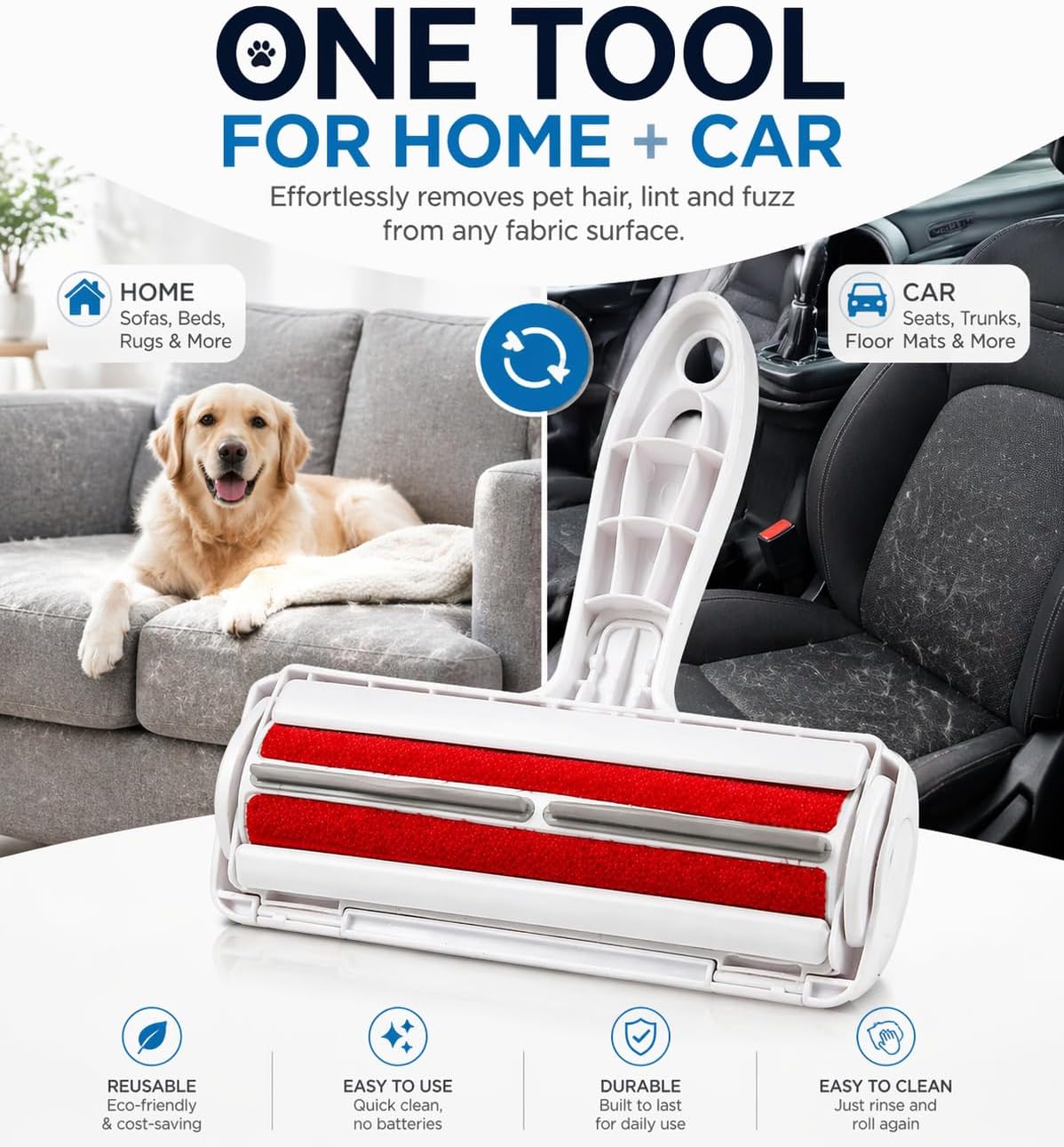 Reusable Pet Hair Remover Roller for Dogs & Cats, Self Cleaning Lint Roller, No Refills Needed for Couch, Furniture, Carpet, Clothes & Car