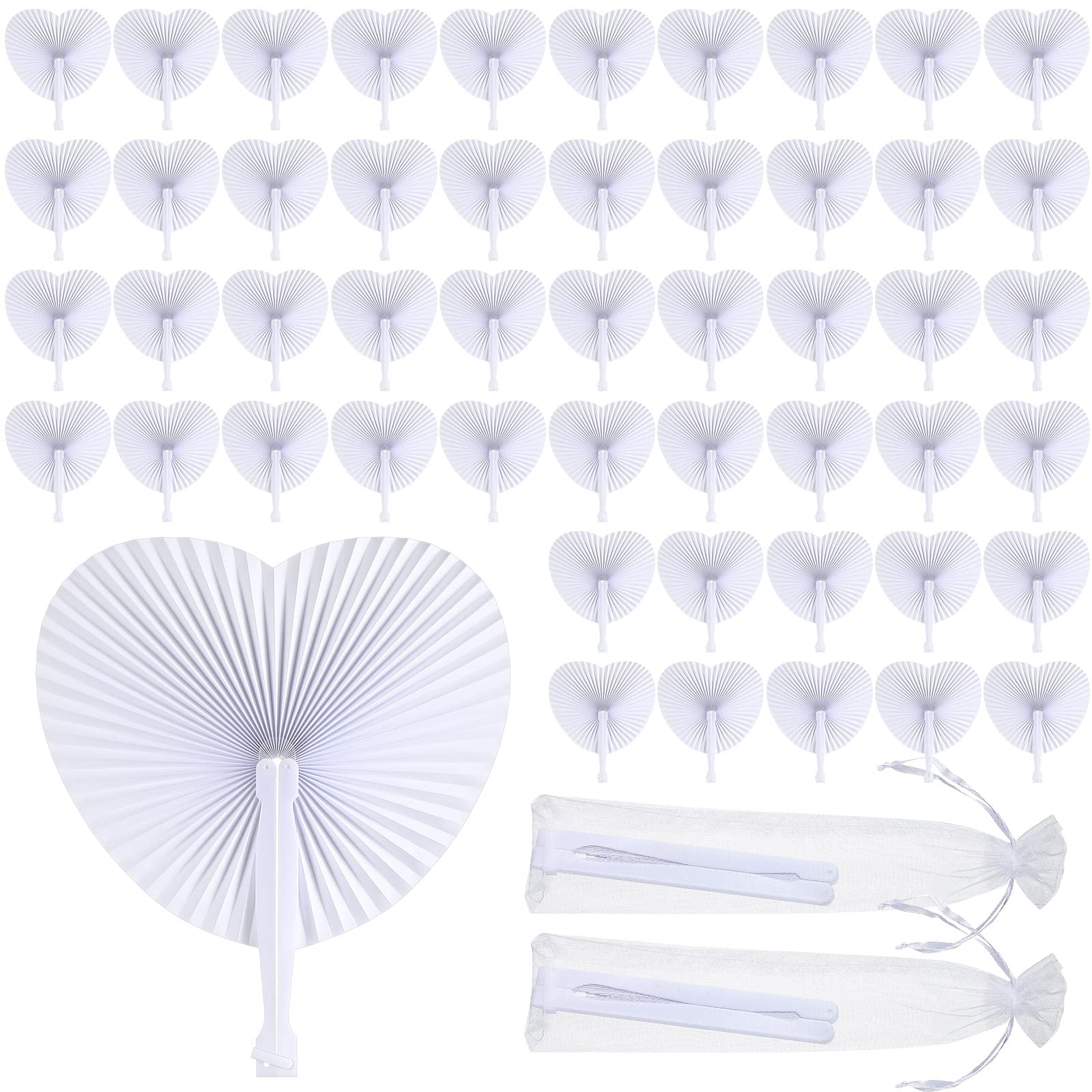 50 Abanicos de Papel en Forma de Corazón Plegables Pai Pai de Papel Blanco Abanicos de Mano con Asa de Plástico y Bolsas de Regalo para Bodas Decoraciones Cumpleaños Fiestas Recuerdos