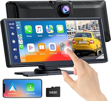 Wireless Apple Carplay and Android Auto, Car Stereo with 2K Front Dashcam, Portable Carplay 9.26 Inch Full HD Touch Screen Monitor with Bluetooth 5.0/GPS/FM/AUX/Mirror Link/64G TF Card