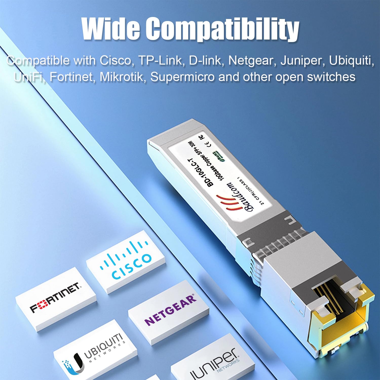 Module cuivre BAUDCOM SFP vers RJ45 10G de 30 mètres, émetteur-récepteur SFP+ 10GBase-T compatible avec Cisco SFP-10G-T-S, Ubiquiti UniFi UF-RJ45-10G, Netgear, Mikrotik S+RJ10, TP-Link et D-Link. (X2)